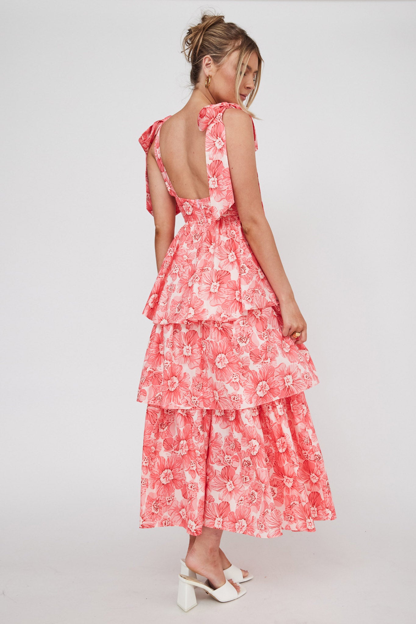 Arlowe Tied Shoulder Tiered Midi Dress Floral Pink by Selfie Leslie Australia