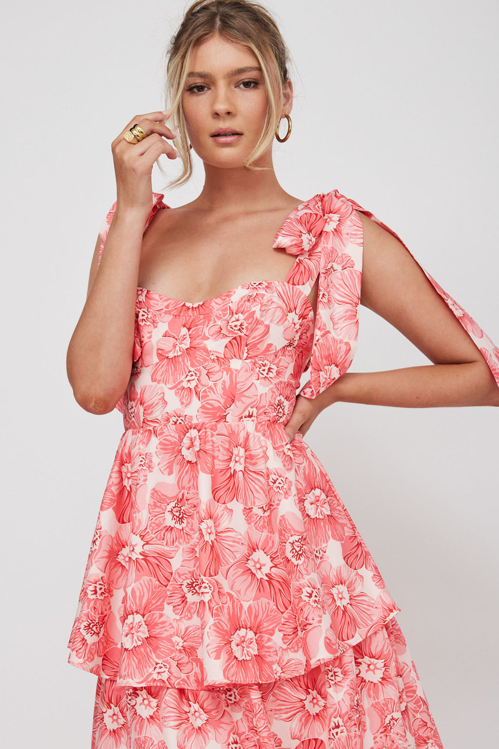 Arlowe Tied Shoulder Tiered Midi Dress Floral Pink by Selfie Leslie Australia