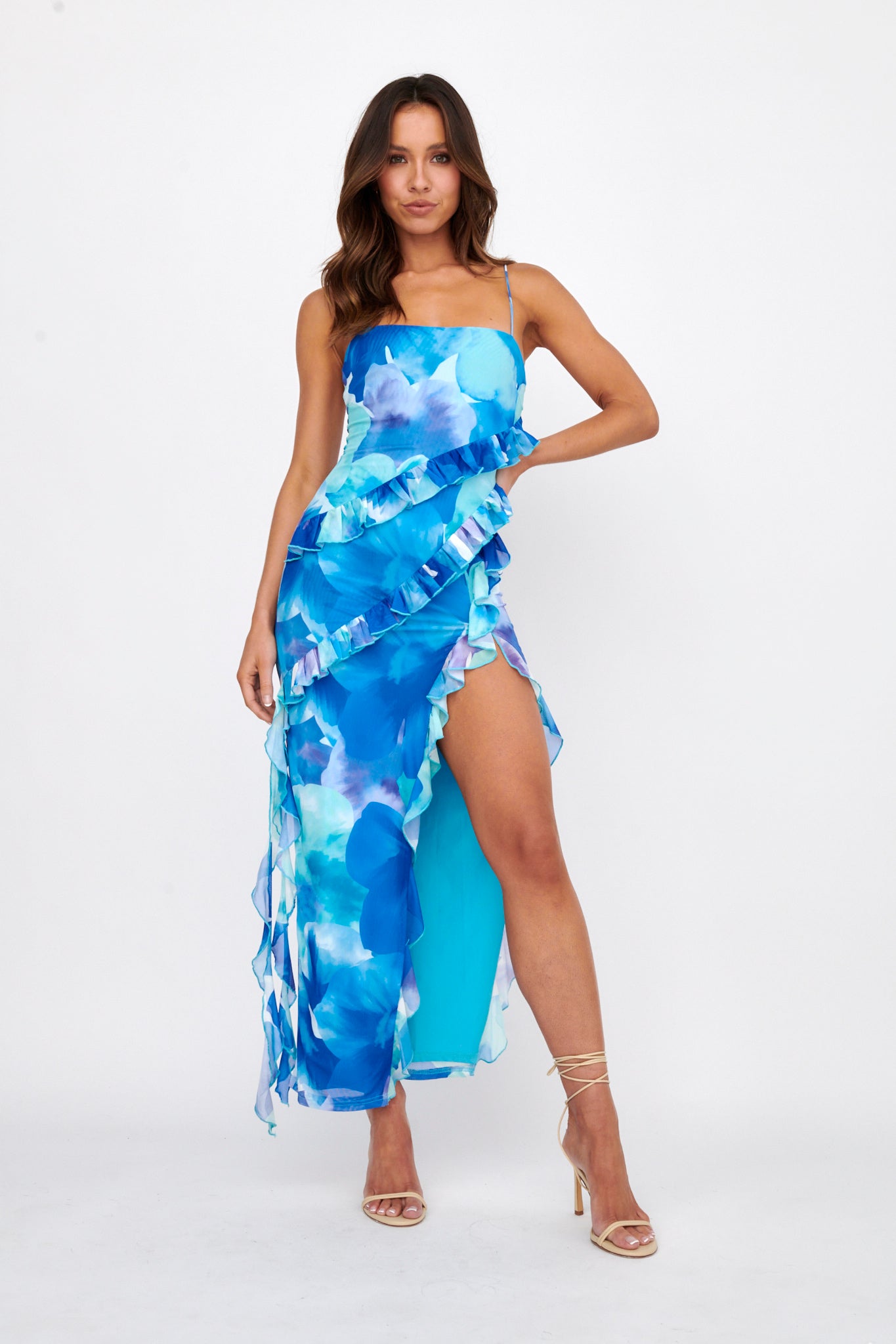 Crush On You Split Ruffle Midi Dress Blue by Selfie Leslie Australia