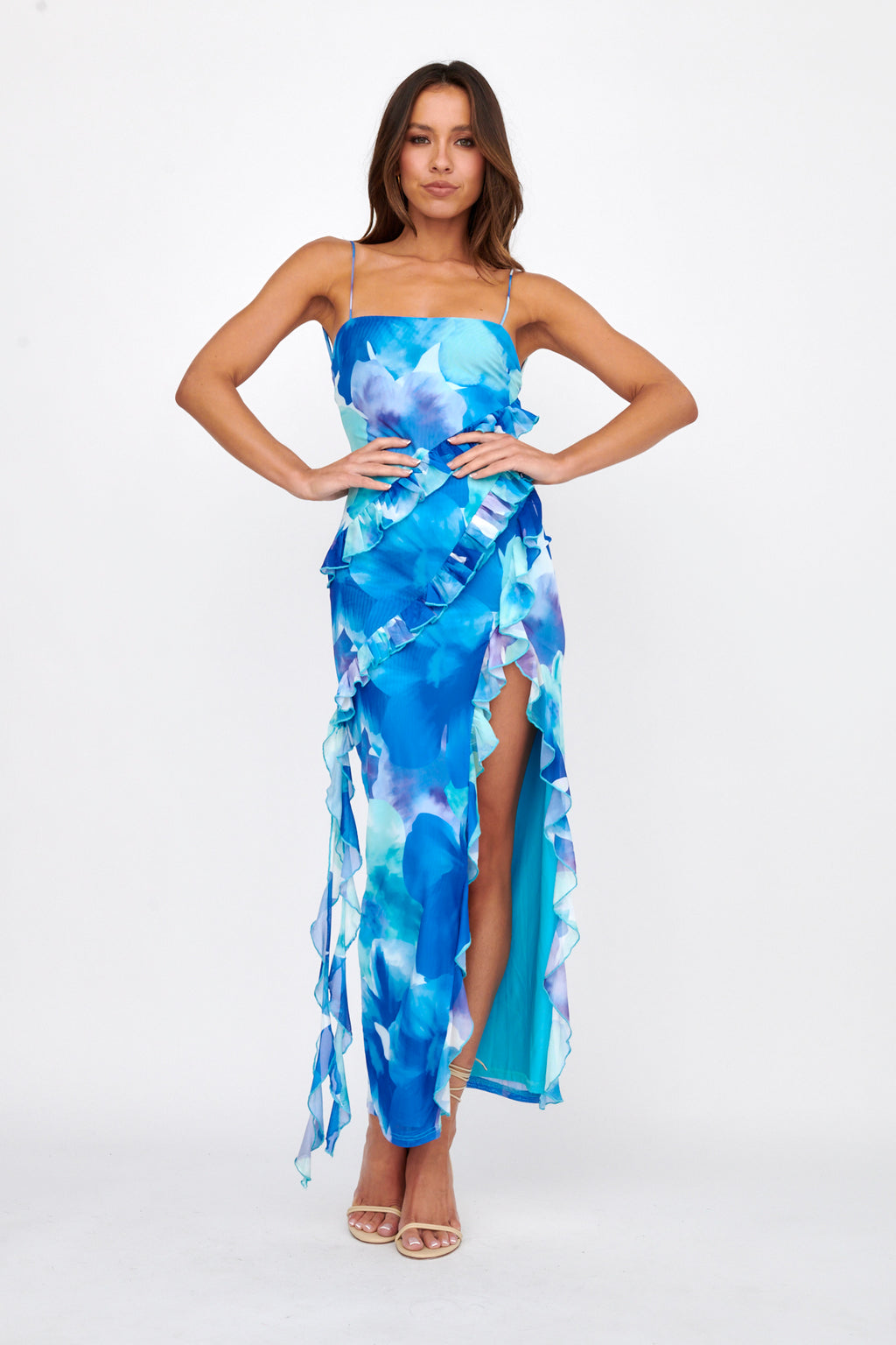 Crush On You Split Ruffle Midi Dress Blue by Selfie Leslie Australia