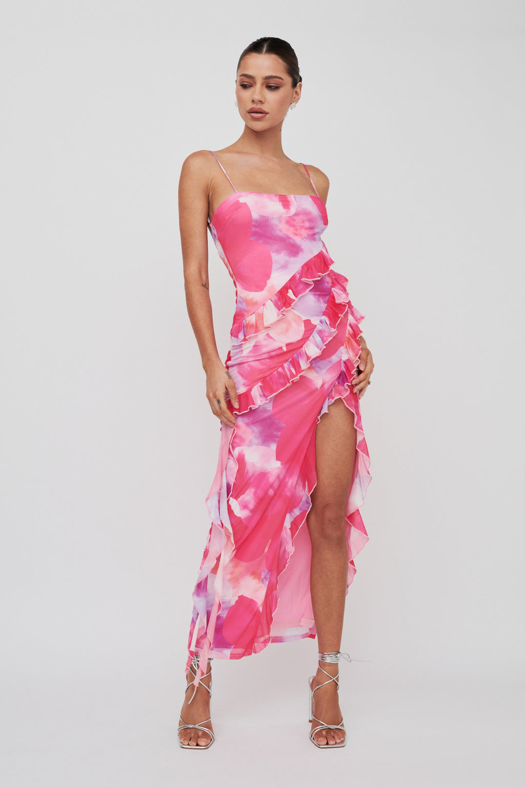 Crush On You Split Ruffle Midi Dress Pink by Selfie Leslie Australia