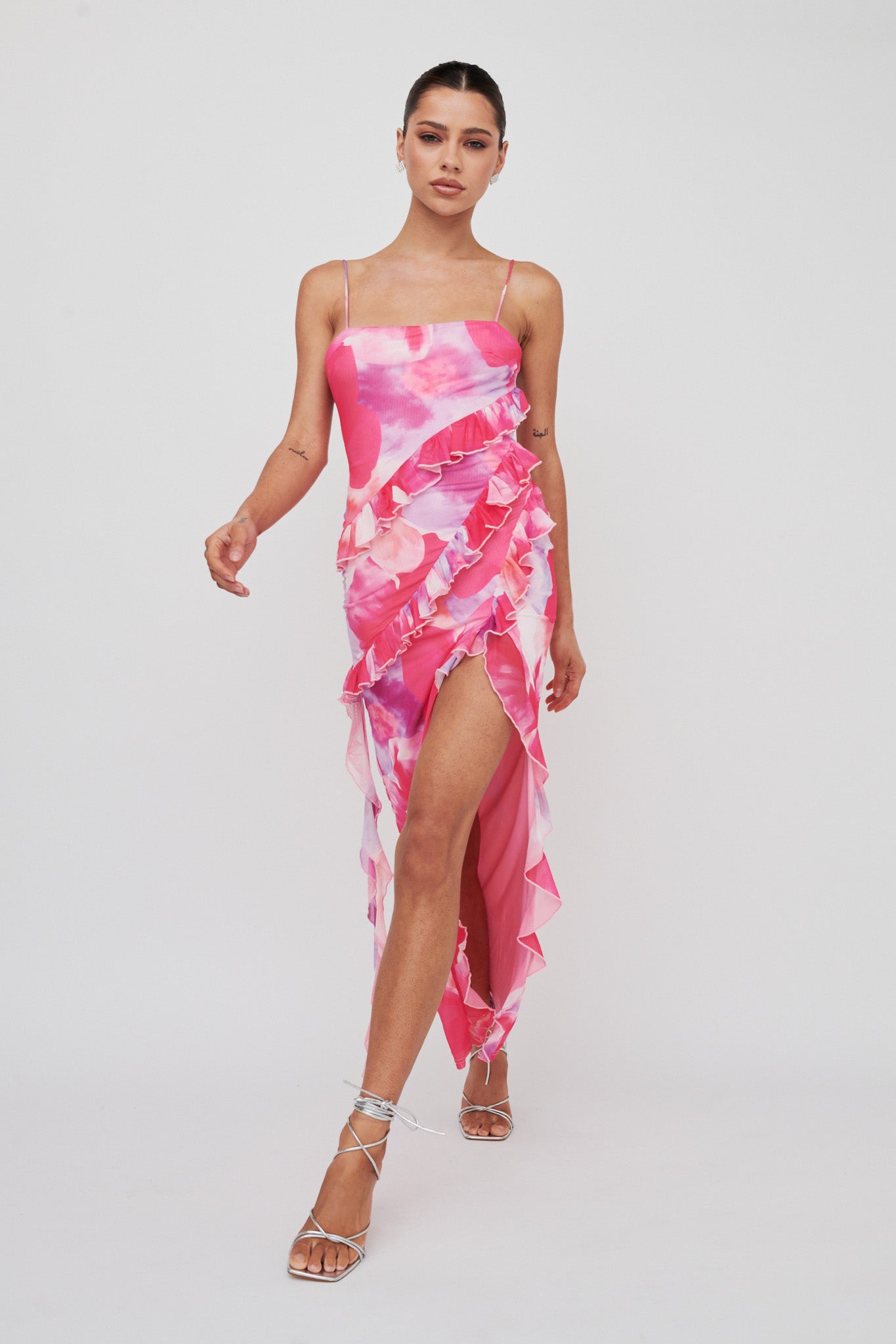 Crush On You Split Ruffle Midi Dress Pink by Selfie Leslie Australia