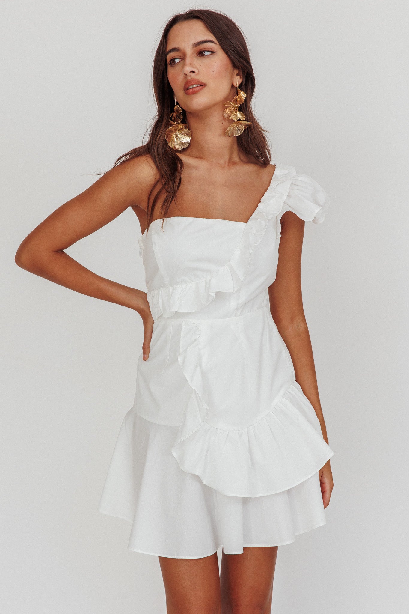 Koko One-Shoulder Ruffle Mini Dress White by Selfie Leslie Australia