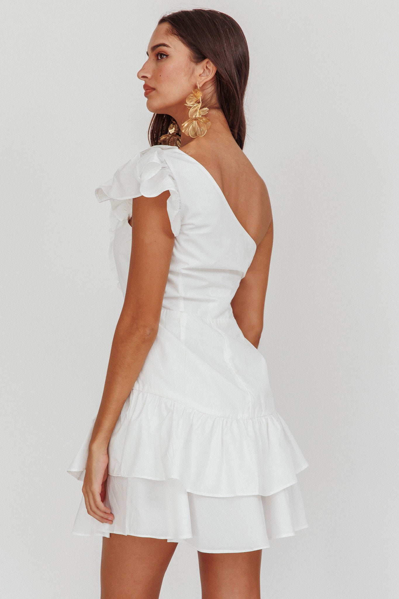 Koko One-Shoulder Ruffle Mini Dress White by Selfie Leslie Australia