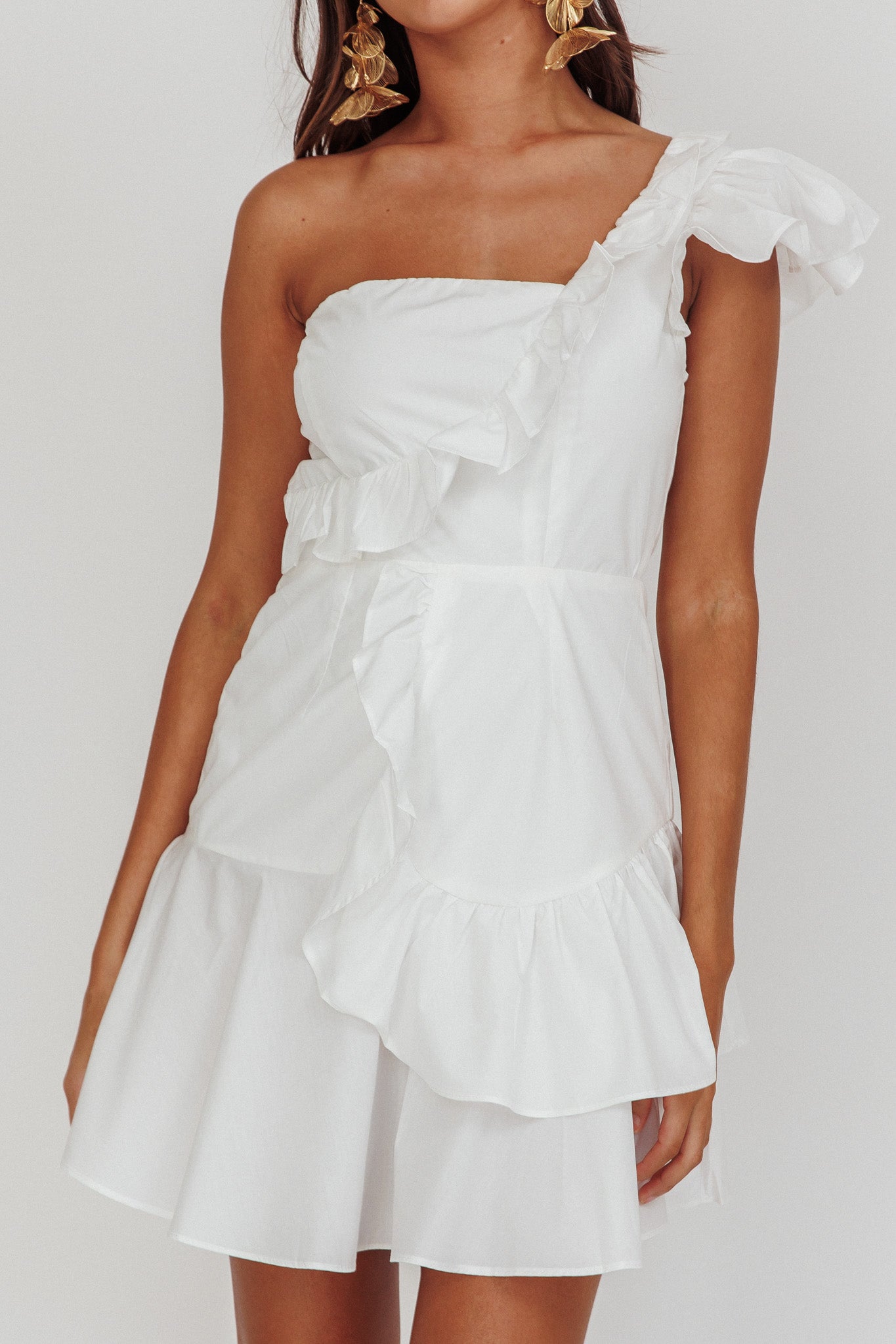 Koko One-Shoulder Ruffle Mini Dress White by Selfie Leslie Australia