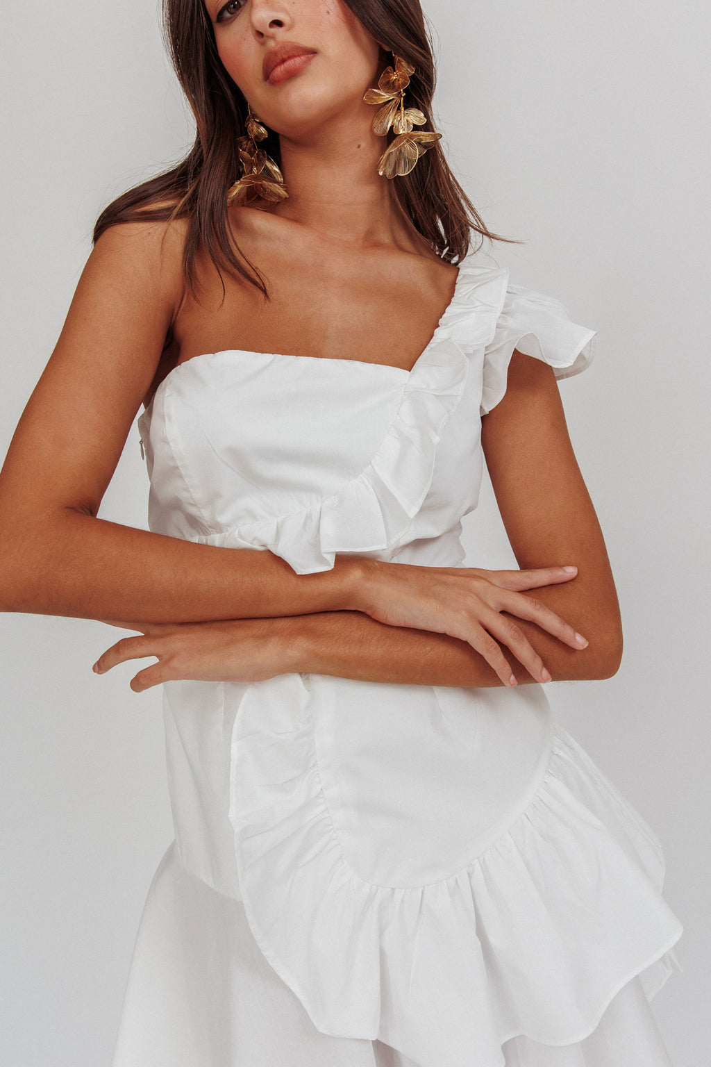 Koko One-Shoulder Ruffle Mini Dress White by Selfie Leslie Australia