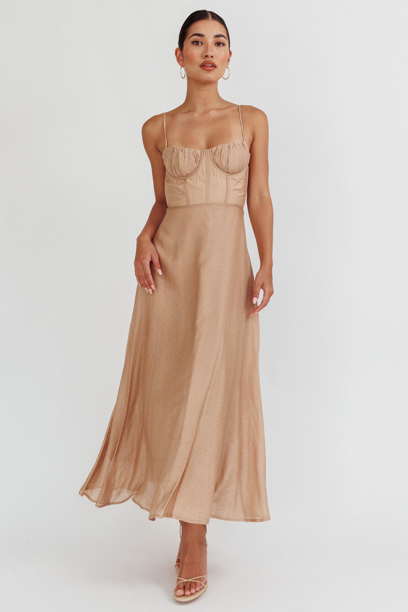 Echoes Tied Back A-Line Midi Dress Taupe by Selfie Leslie Australia