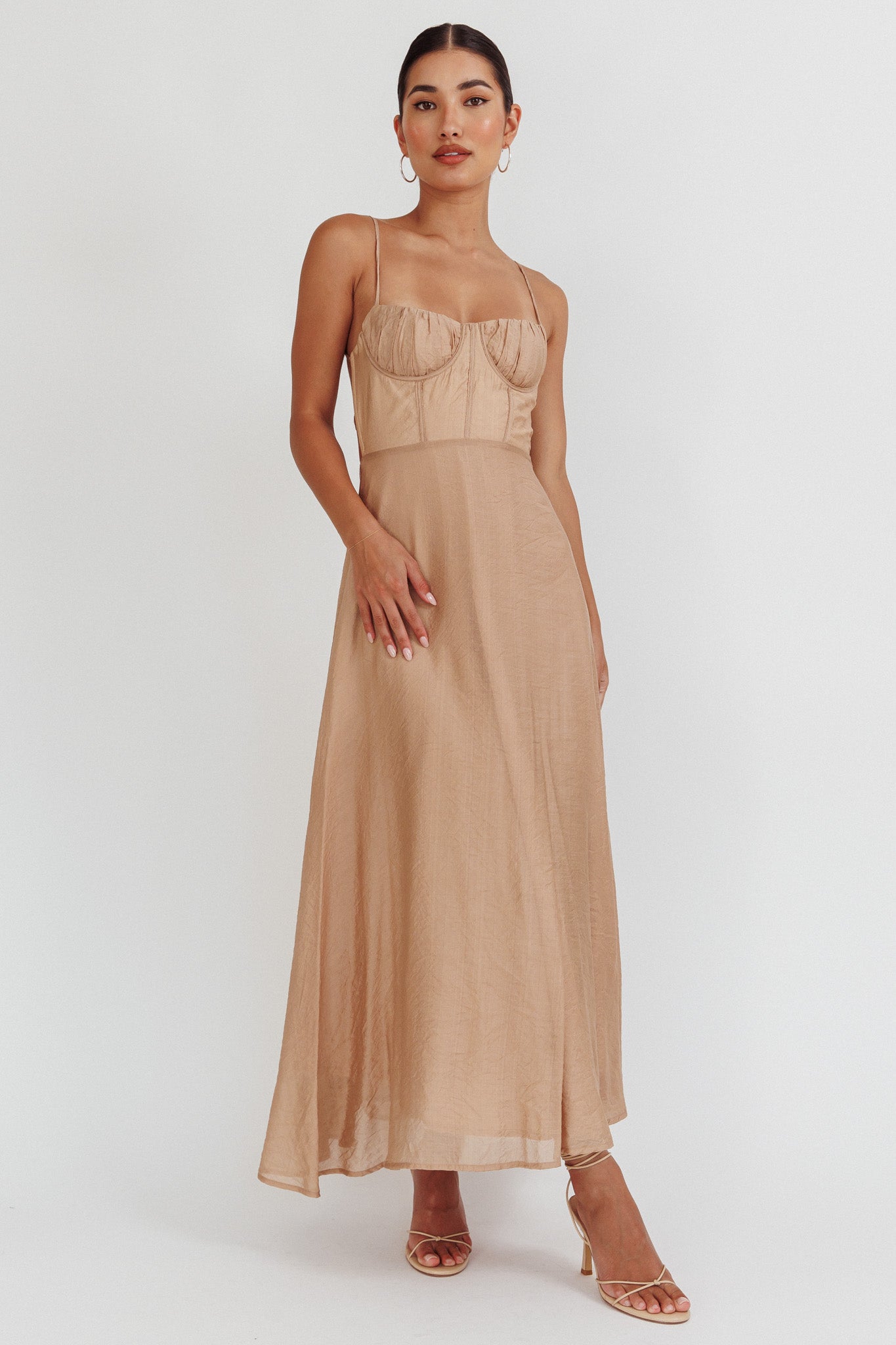 Echoes Tied Back A-Line Midi Dress Taupe by Selfie Leslie Australia