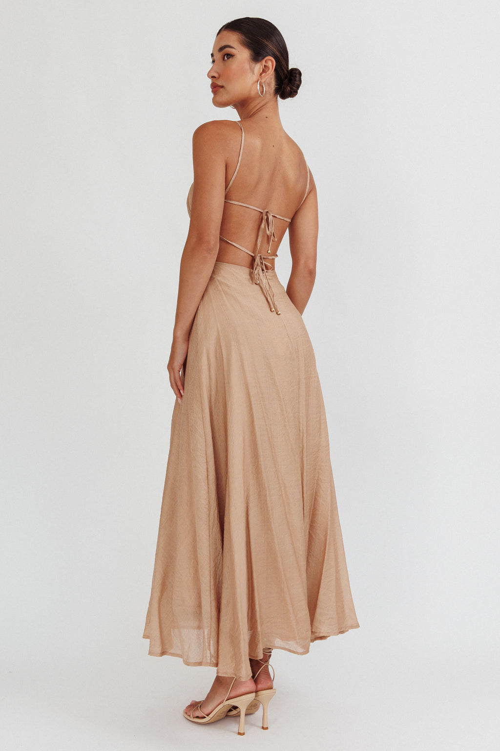 Echoes Tied Back A-Line Midi Dress Taupe by Selfie Leslie Australia