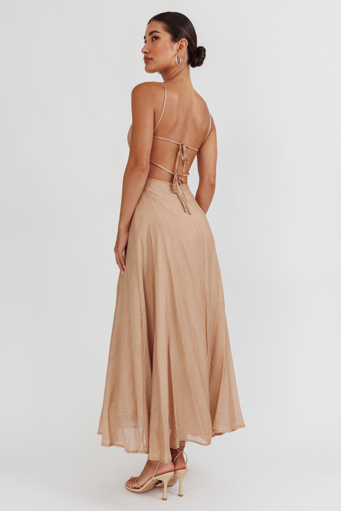 Echoes Tied Back A-Line Midi Dress Taupe by Selfie Leslie Australia