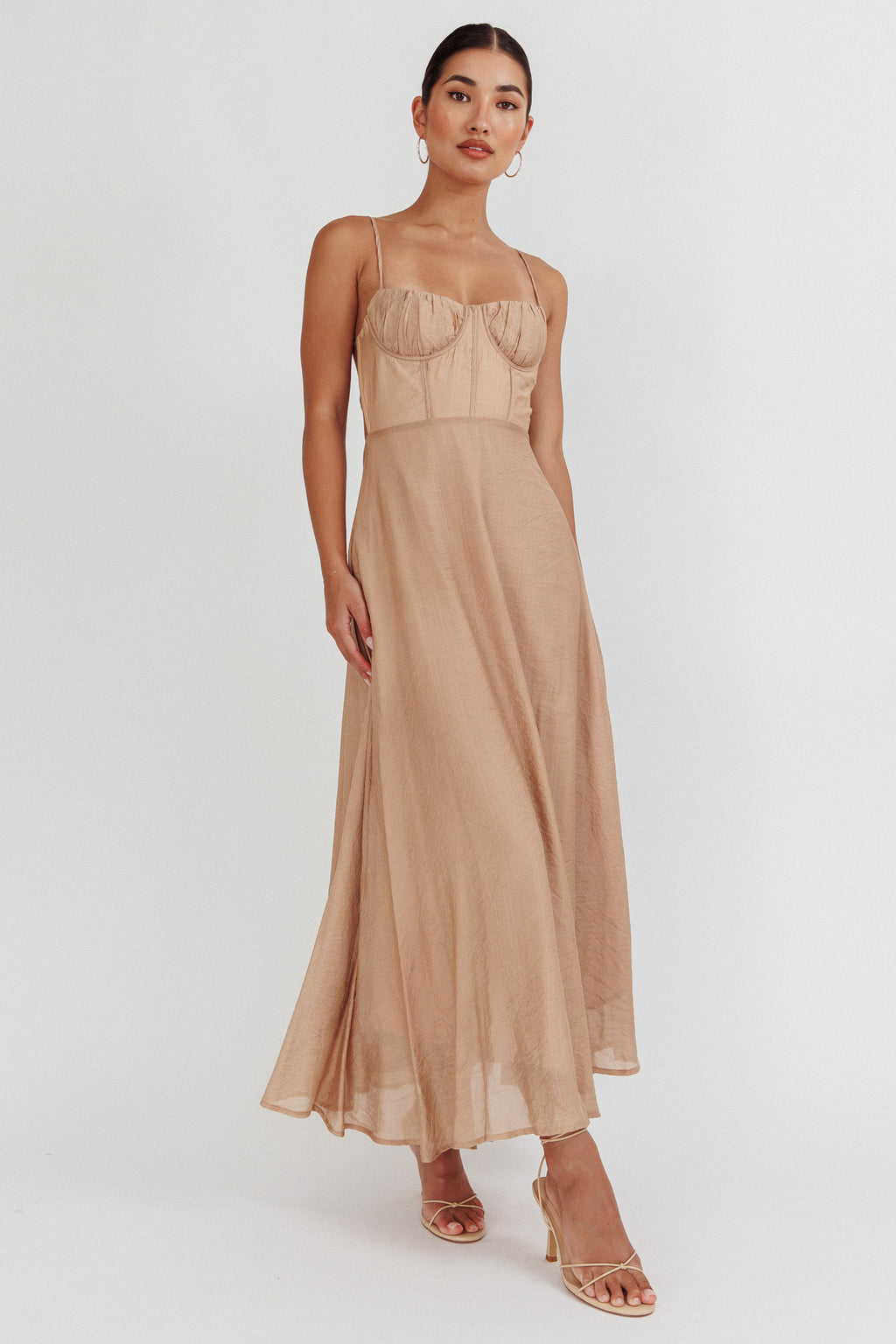 Echoes Tied Back A-Line Midi Dress Taupe by Selfie Leslie Australia