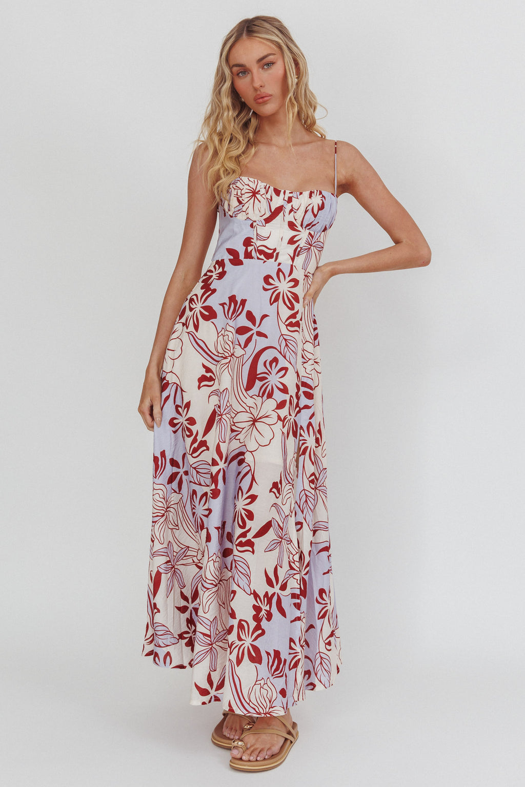 Echoes Tied Back A-Line Midi Dress Floral Lilac by Selfie Leslie Australia
