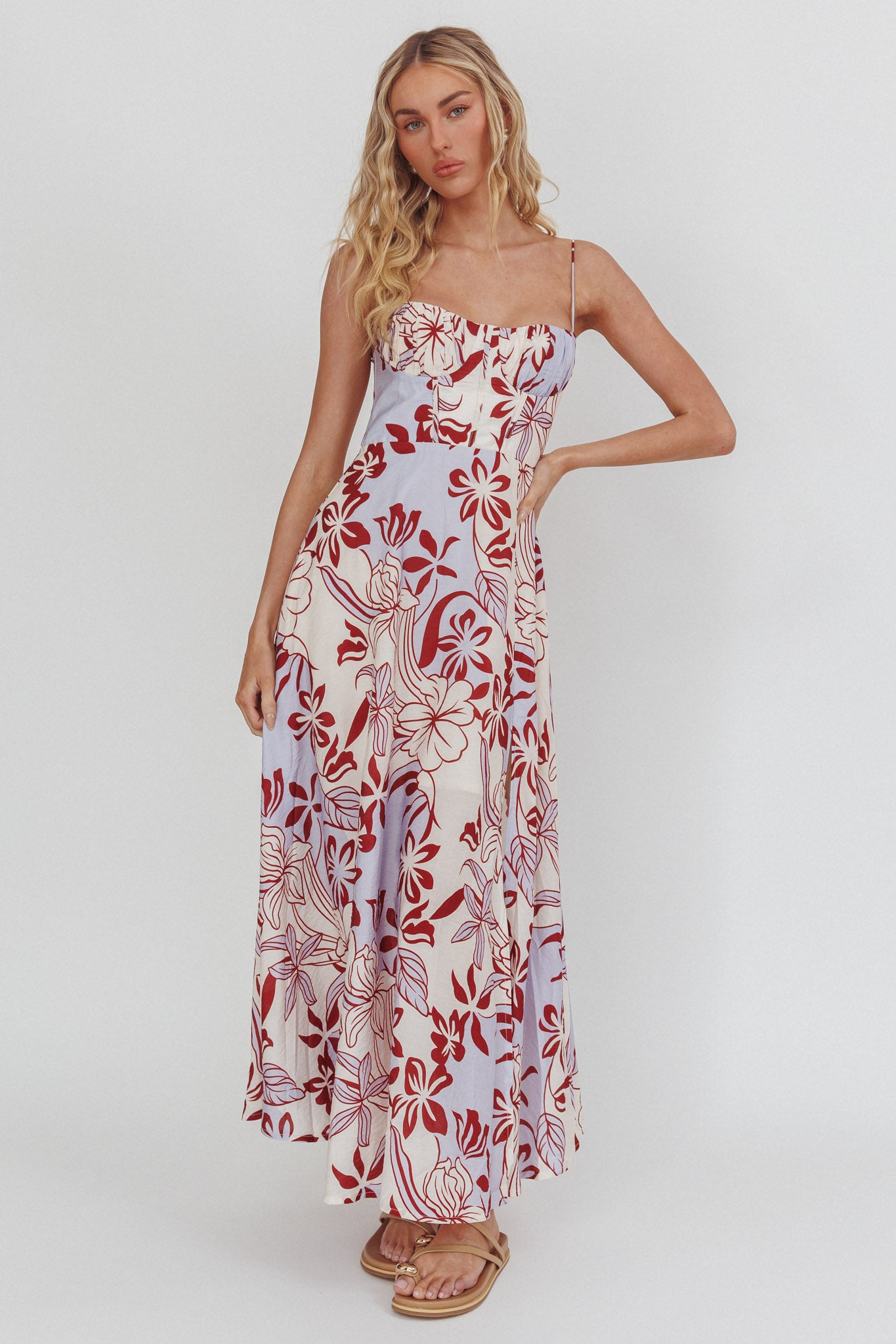 Echoes Tied Back A-Line Midi Dress Floral Lilac by Selfie Leslie Australia