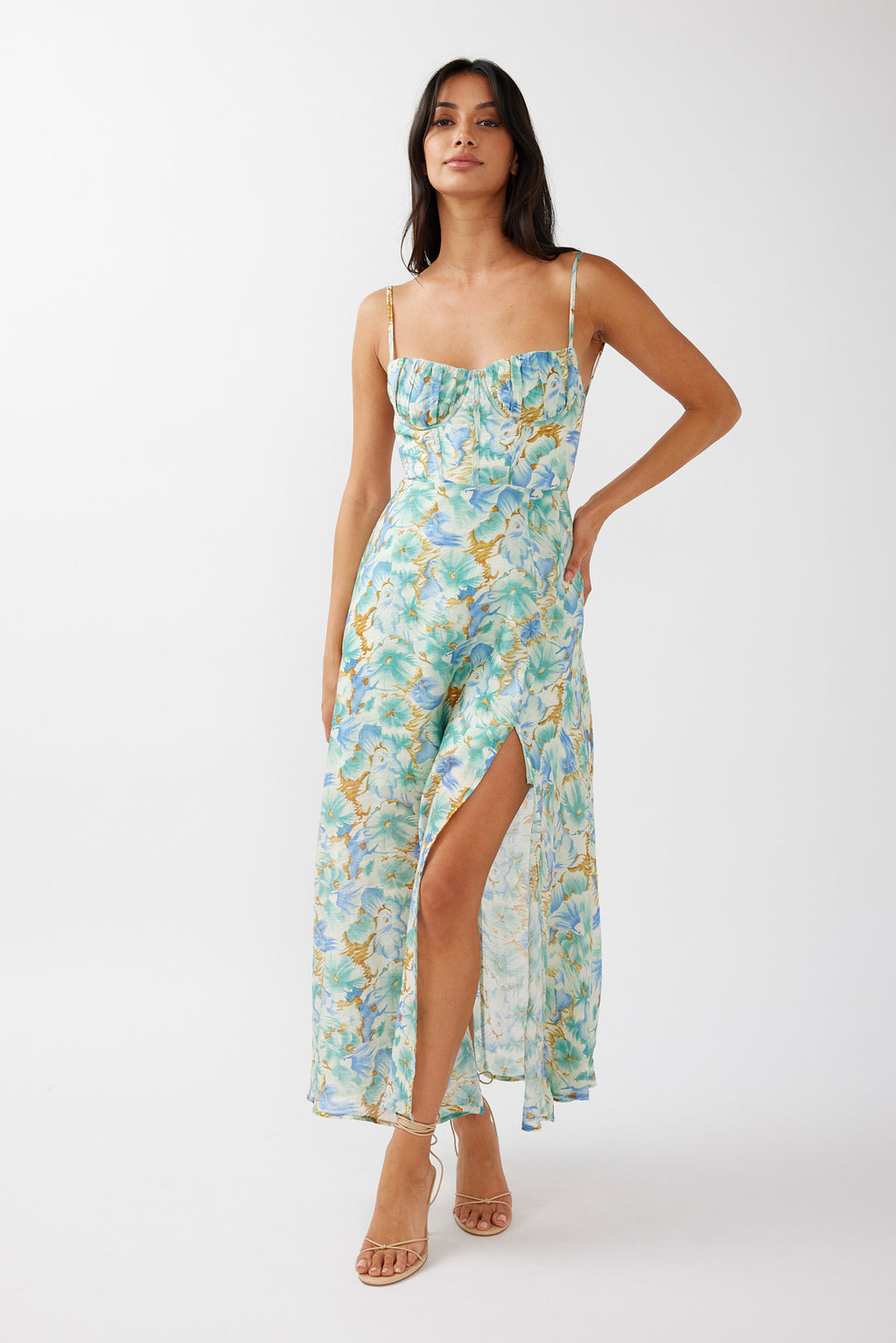 Echoes Tied Back A-Line Midi Dress Floral Green by Selfie Leslie Australia