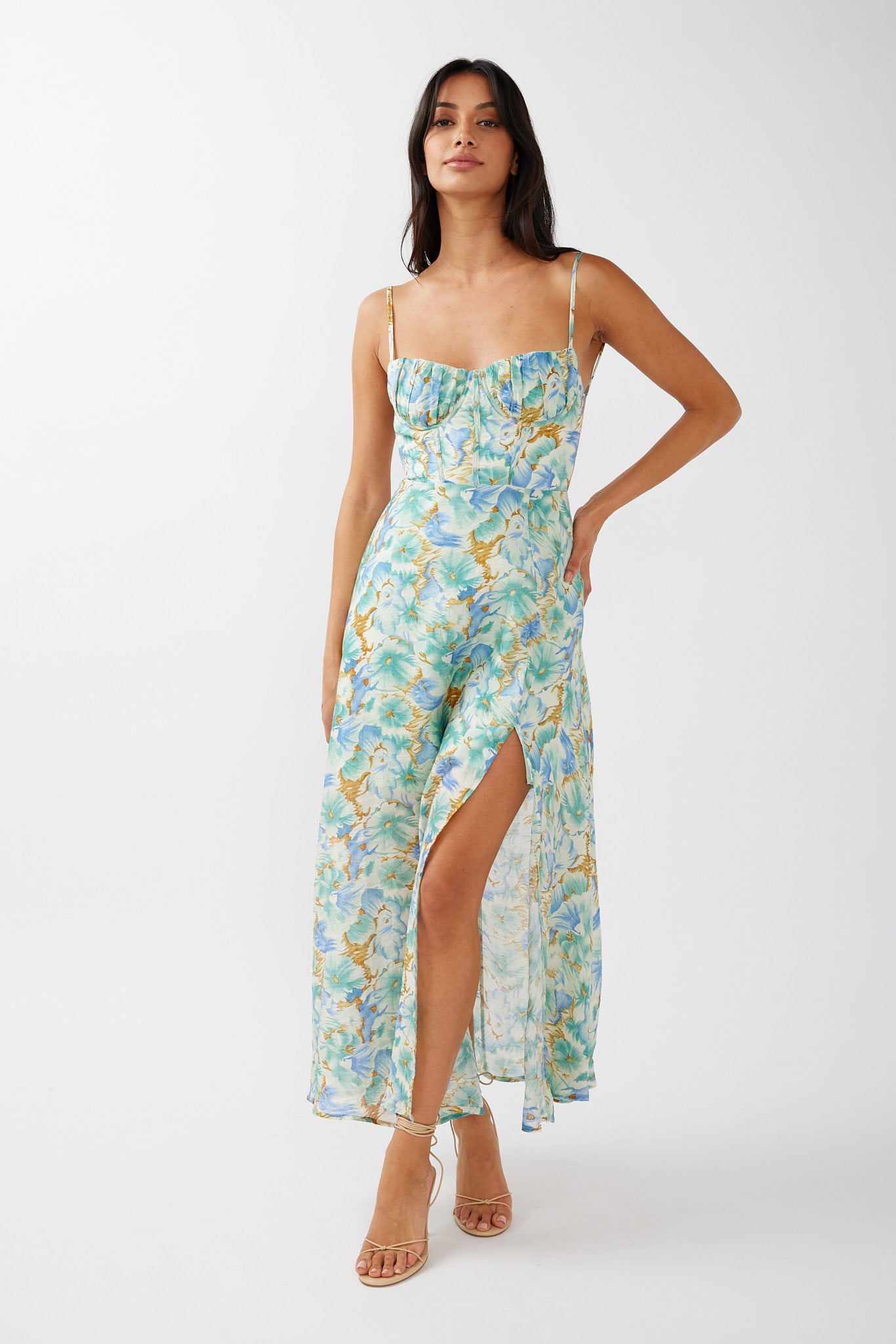 Echoes Tied Back A-Line Midi Dress Floral Green by Selfie Leslie Australia