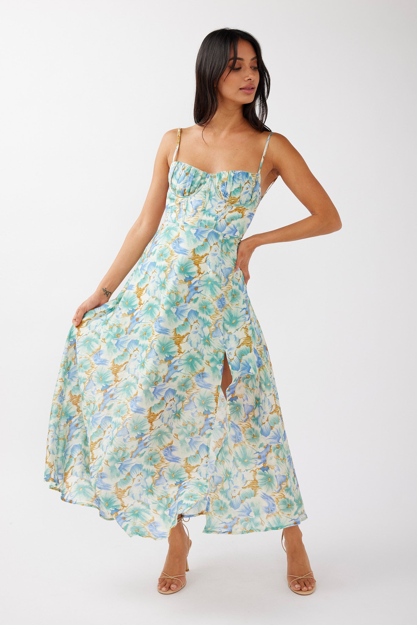 Echoes Tied Back A-Line Midi Dress Floral Green by Selfie Leslie Australia