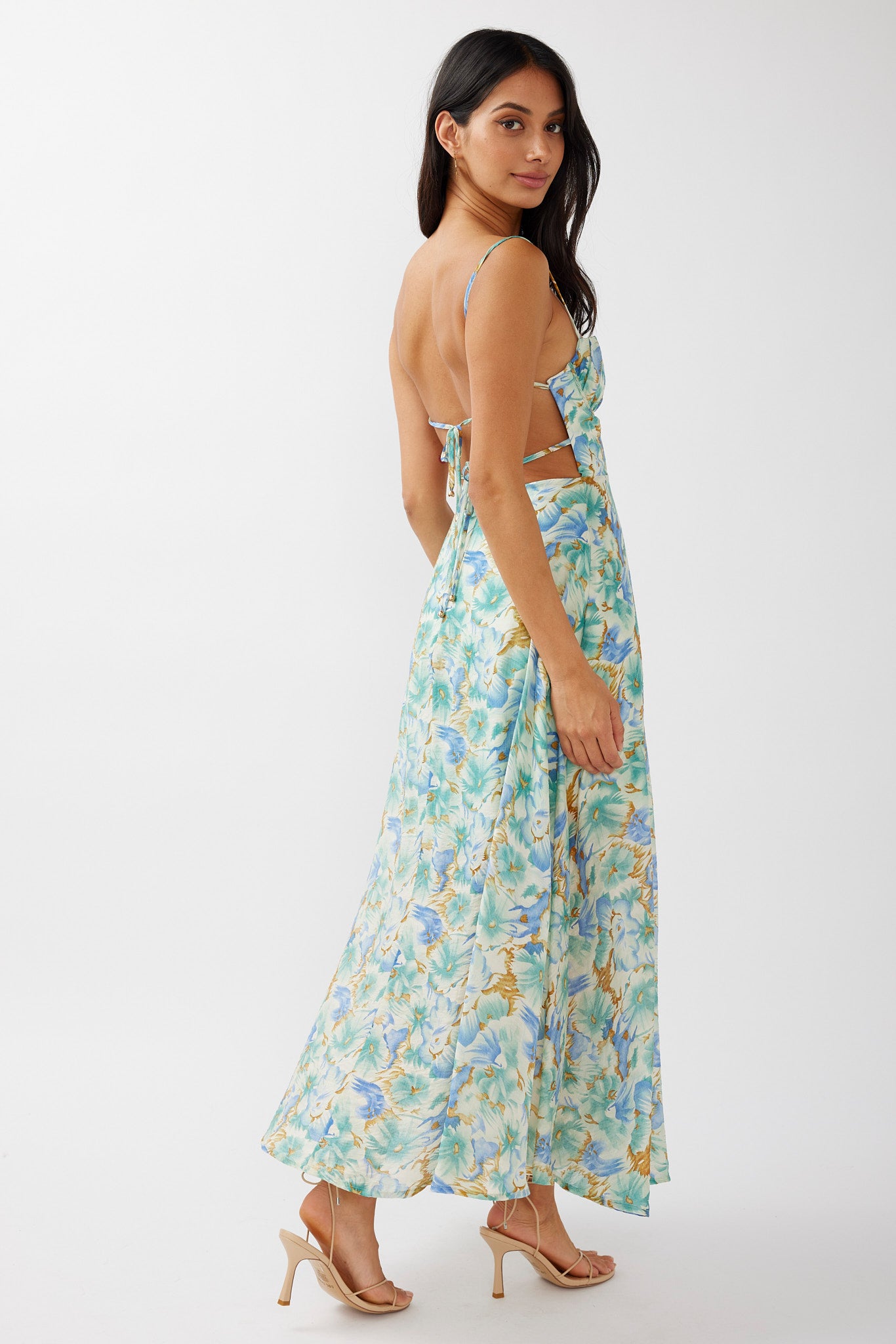 Echoes Tied Back A-Line Midi Dress Floral Green by Selfie Leslie Australia