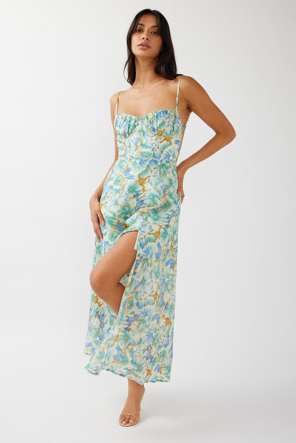 Echoes Tied Back A-Line Midi Dress Floral Green by Selfie Leslie Australia