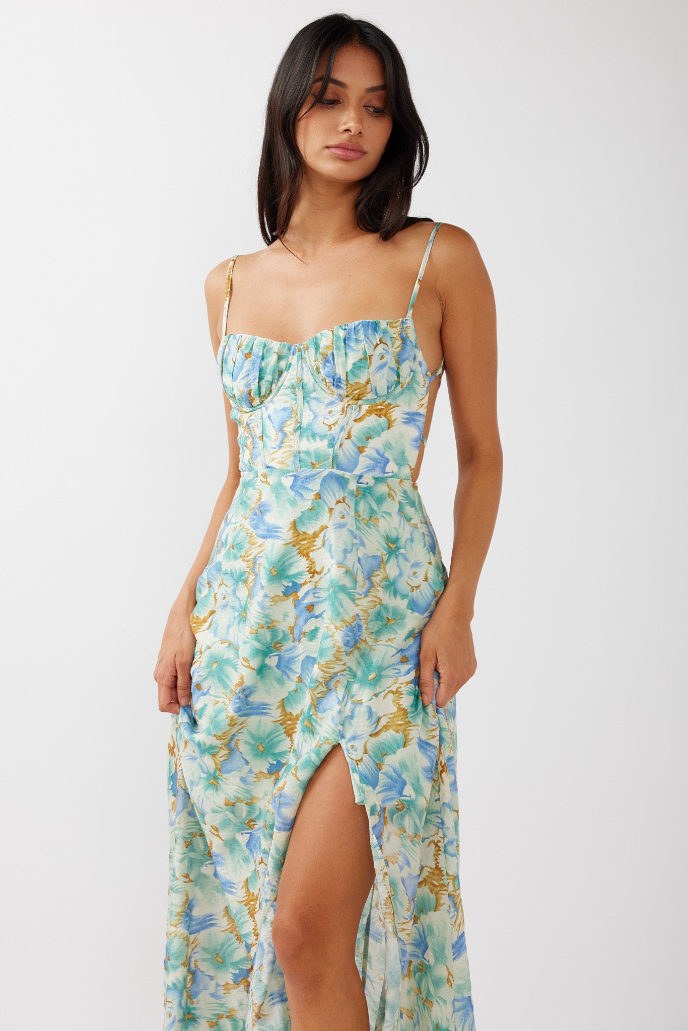 Echoes Tied Back A-Line Midi Dress Floral Green by Selfie Leslie Australia