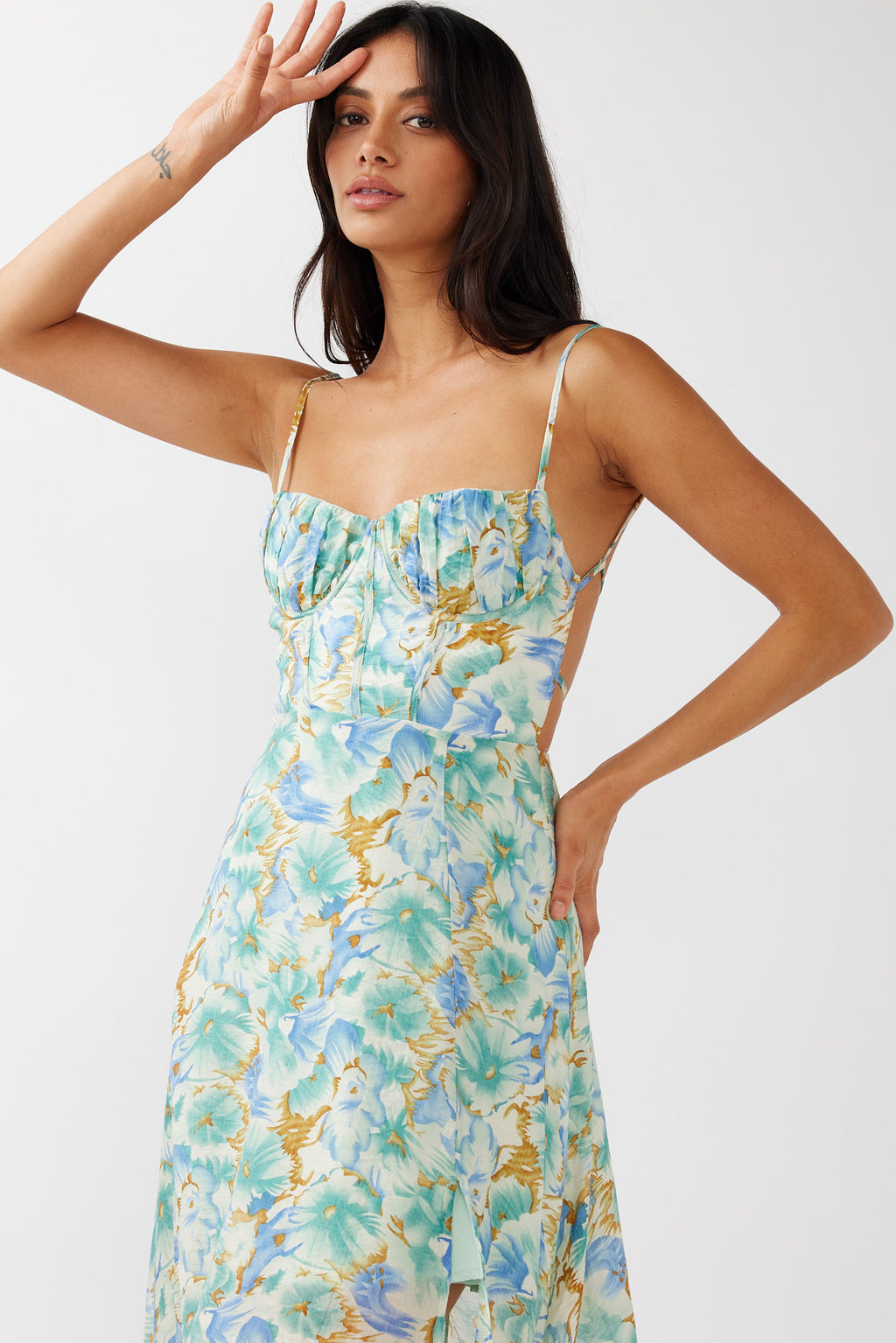 Echoes Tied Back A-Line Midi Dress Floral Green by Selfie Leslie Australia