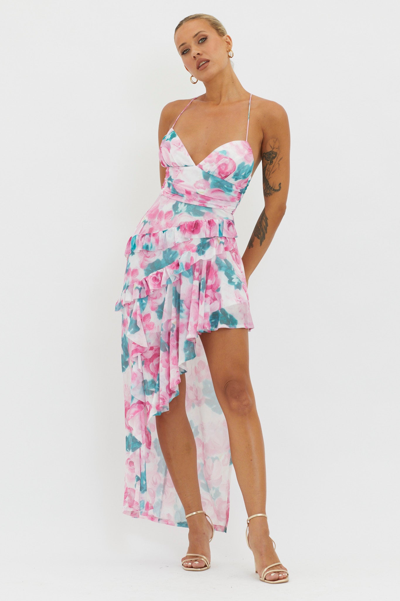 Check Mate Frill Trim Cut-Out Split Dress Floral Pink by Selfie Leslie Australia