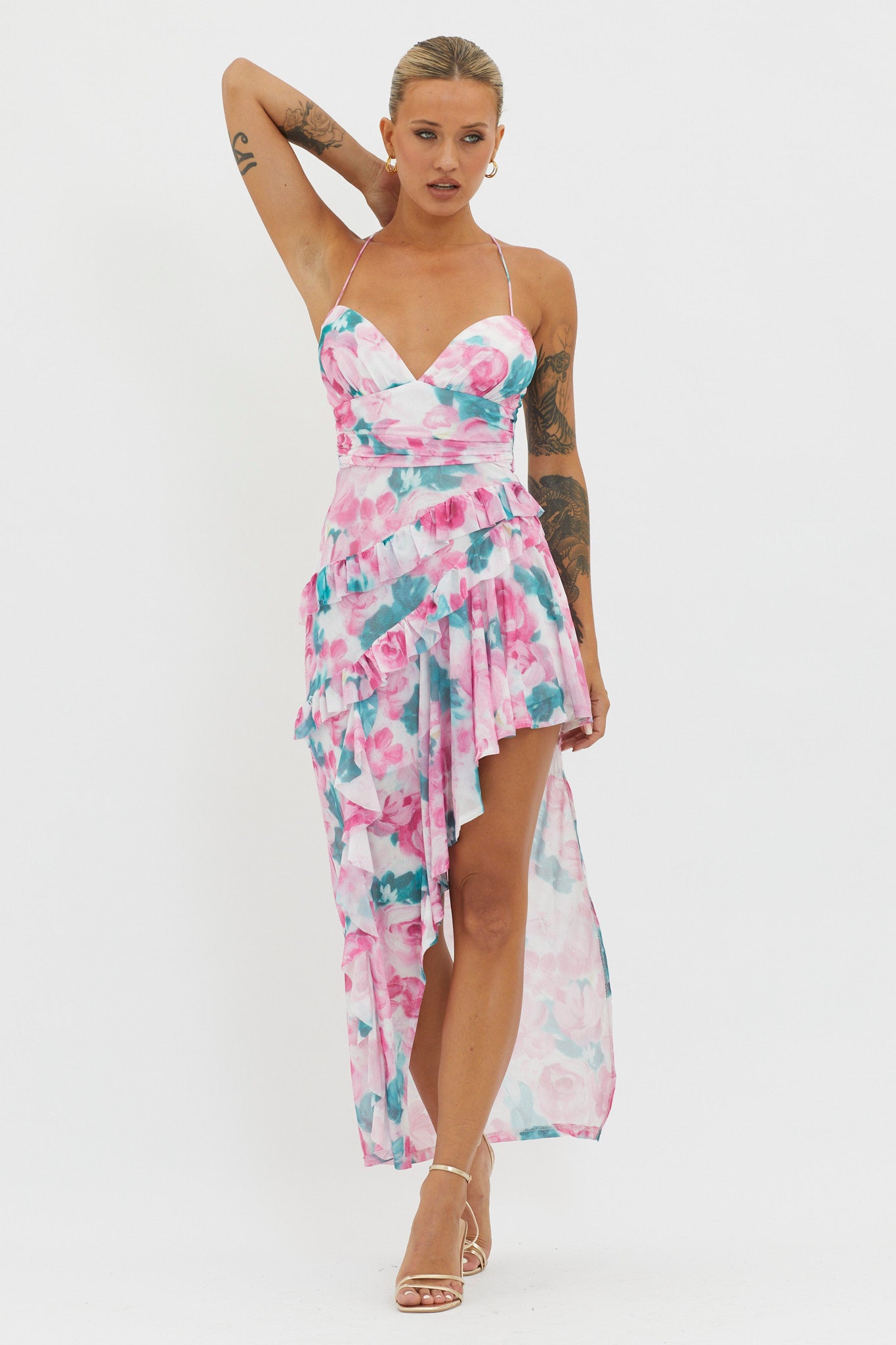 Check Mate Frill Trim Cut-Out Split Dress Floral Pink by Selfie Leslie Australia
