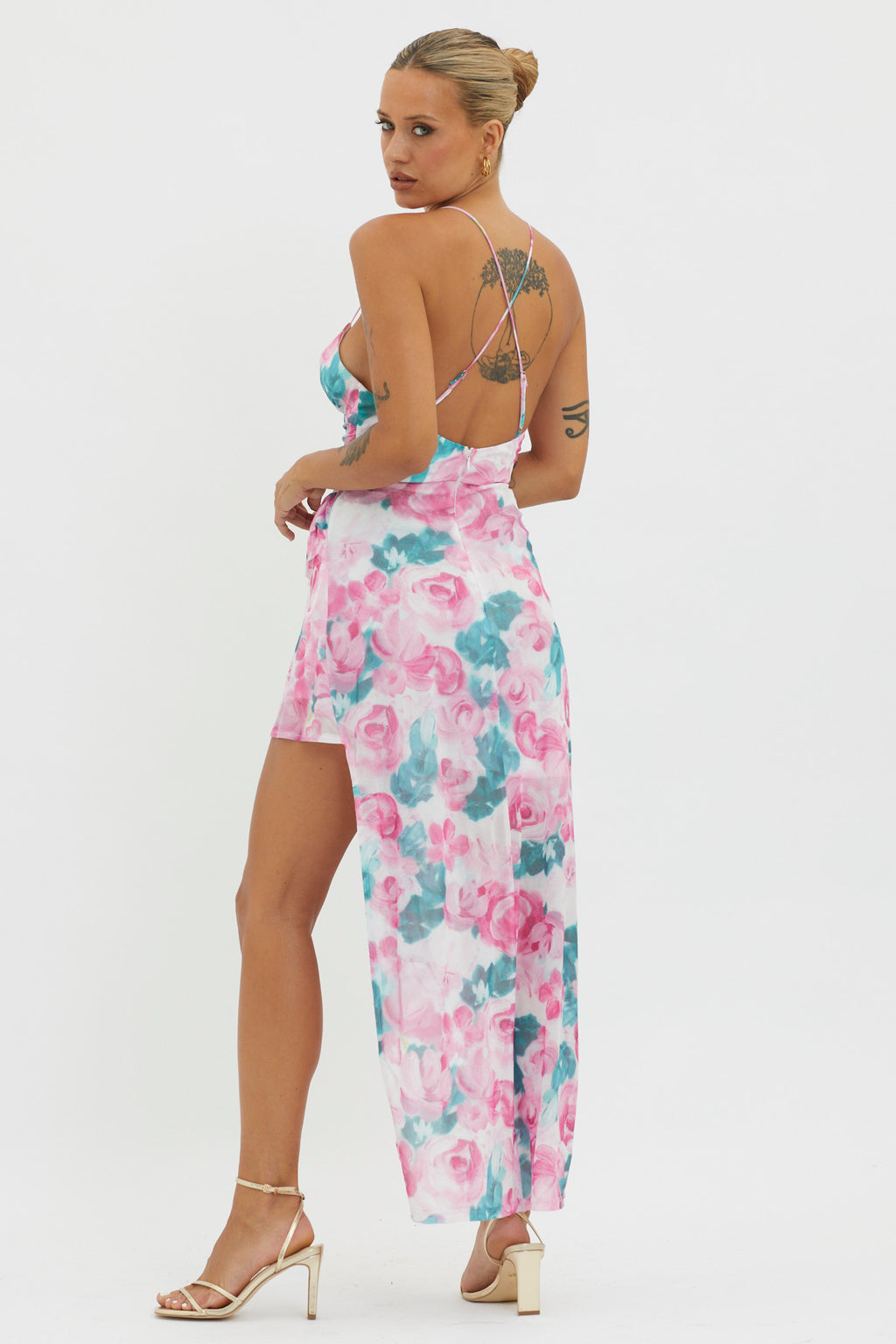Check Mate Frill Trim Cut-Out Split Dress Floral Pink by Selfie Leslie Australia