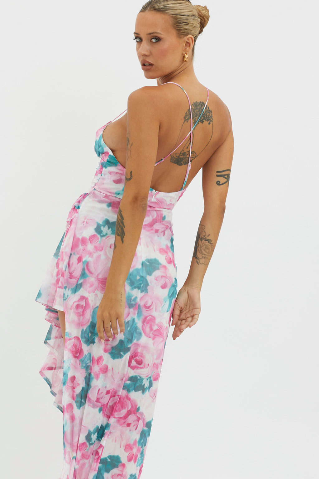 Check Mate Frill Trim Cut-Out Split Dress Floral Pink by Selfie Leslie Australia