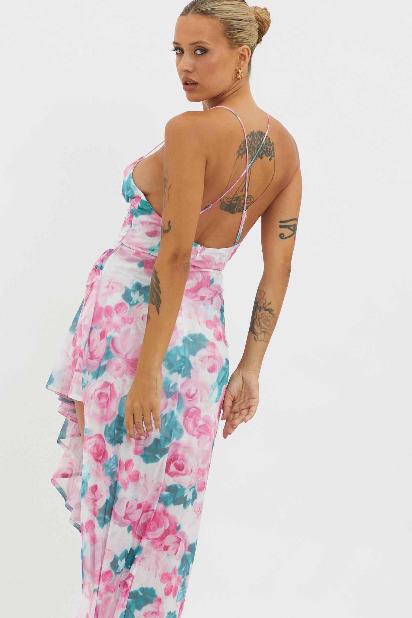 Check Mate Frill Trim Cut-Out Split Dress Floral Pink by Selfie Leslie Australia