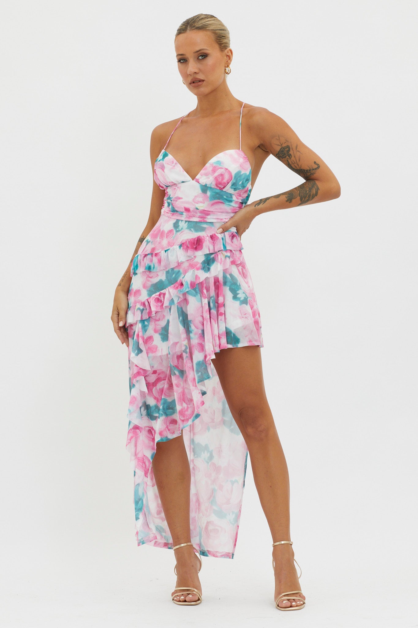 Check Mate Frill Trim Cut-Out Split Dress Floral Pink by Selfie Leslie Australia