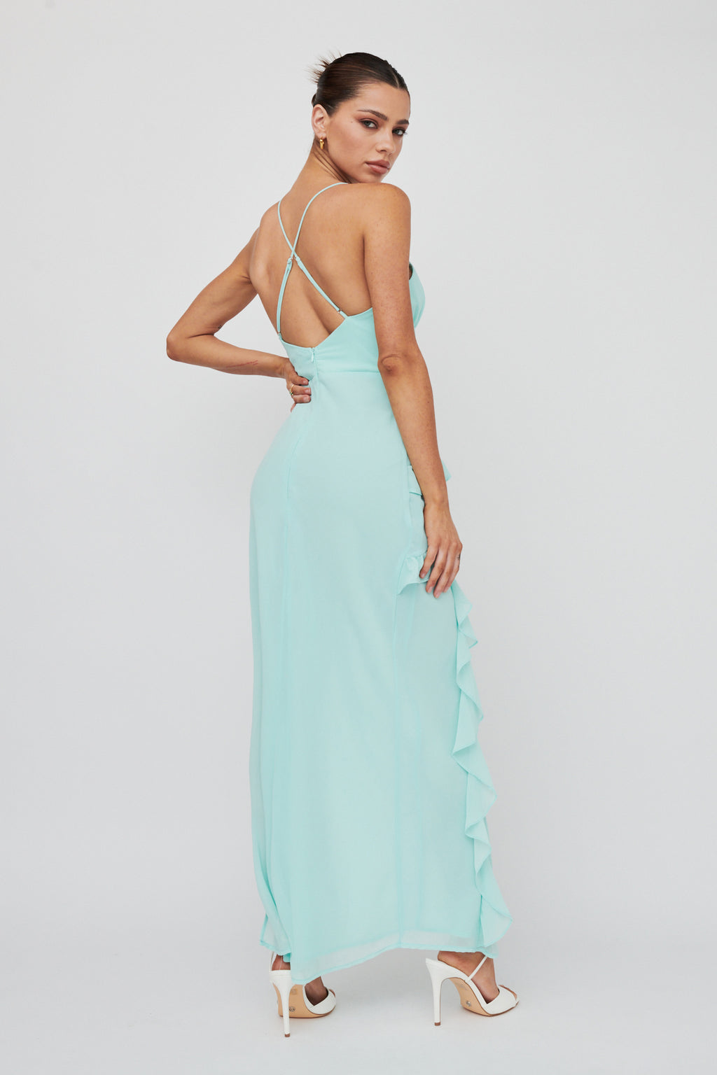 Check Mate Frill Trim Cut-Out Split Dress Mint by Selfie Leslie Australia
