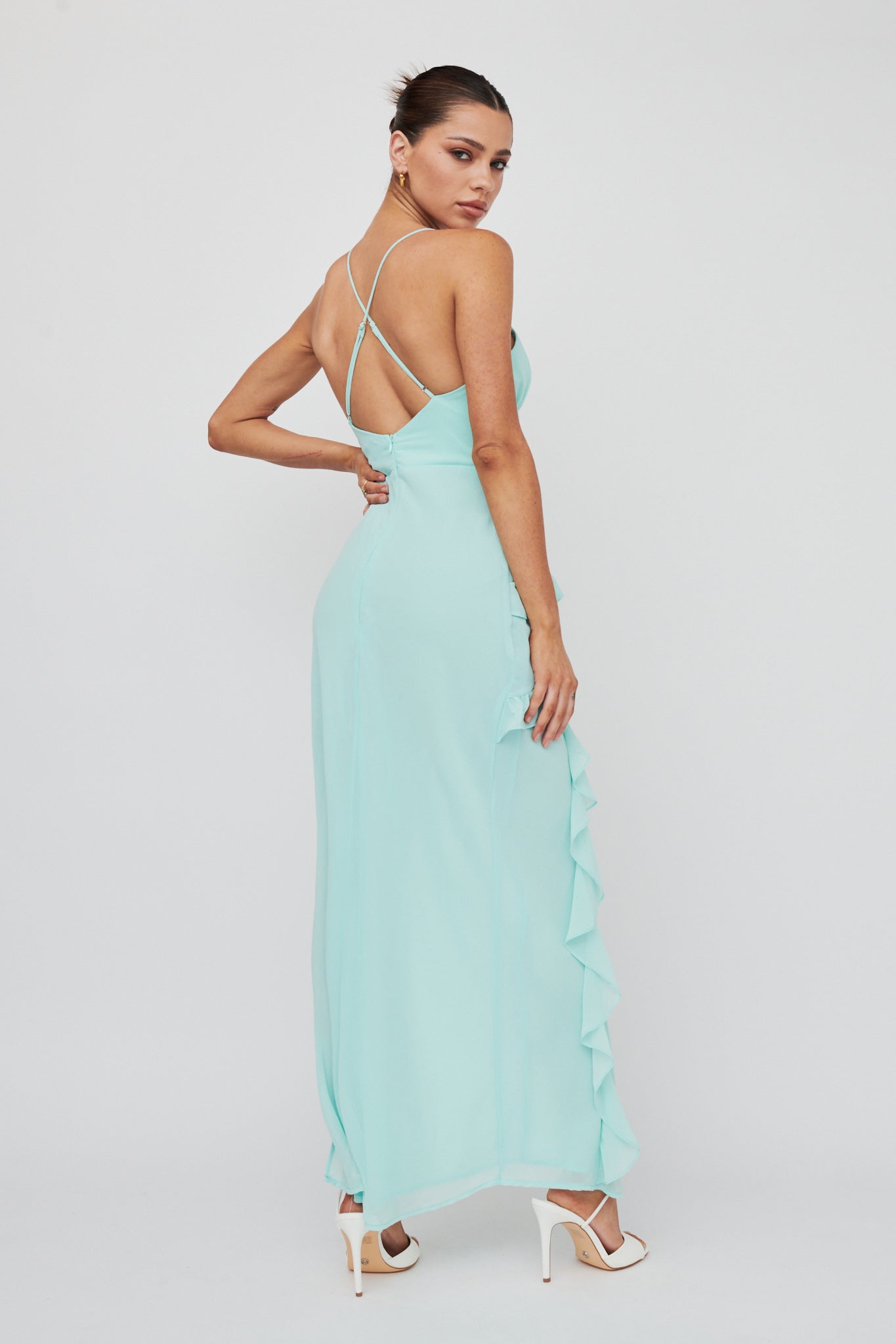 Check Mate Frill Trim Cut-Out Split Dress Mint by Selfie Leslie Australia