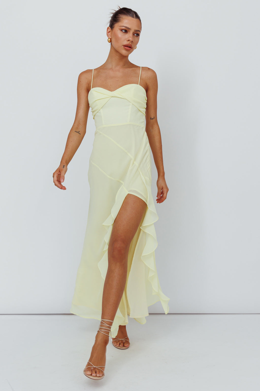 Jayna Ruffle Trim Split Dress Yellow by Selfie Leslie Australia