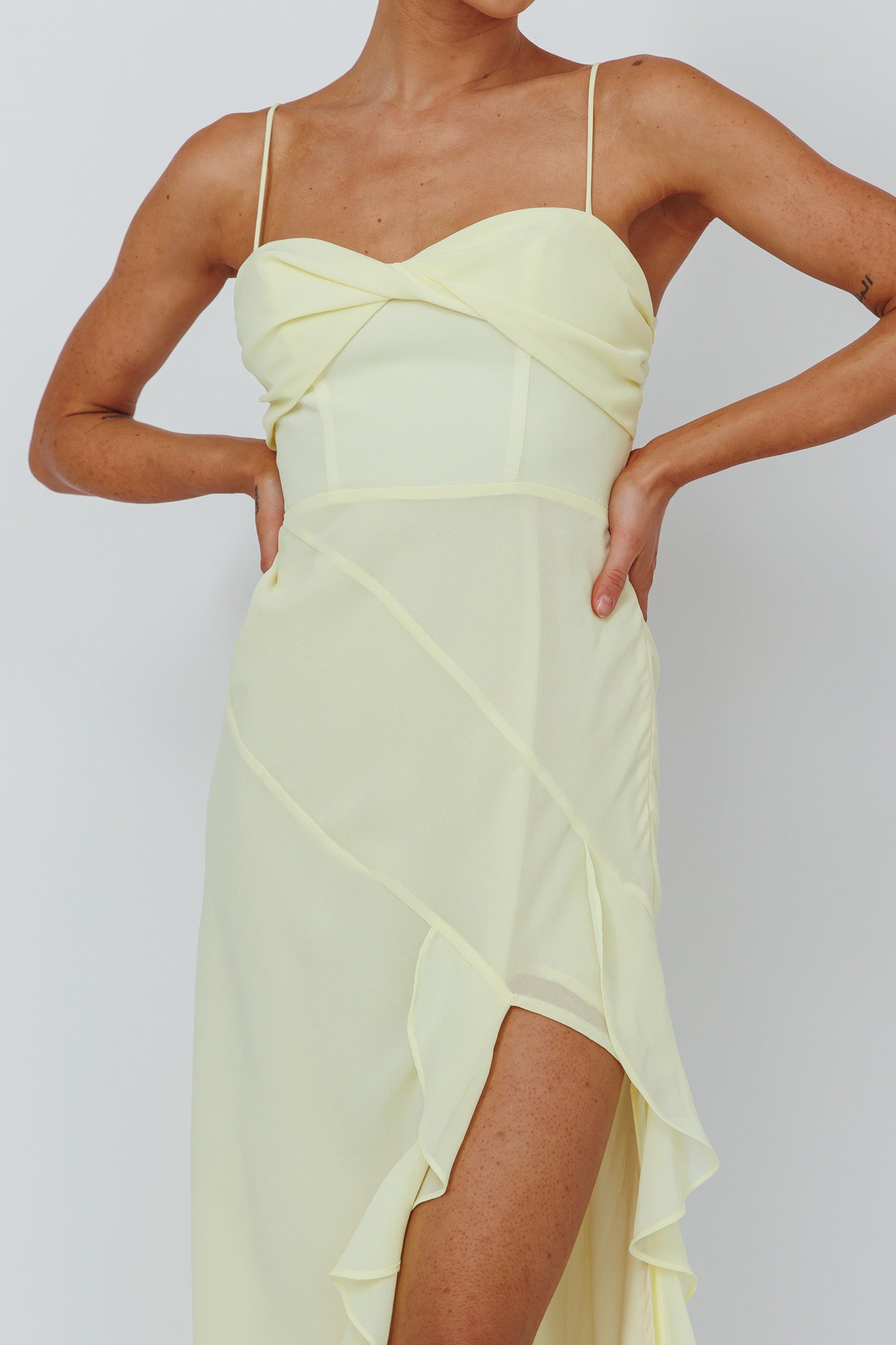 Jayna Ruffle Trim Split Dress Yellow by Selfie Leslie Australia