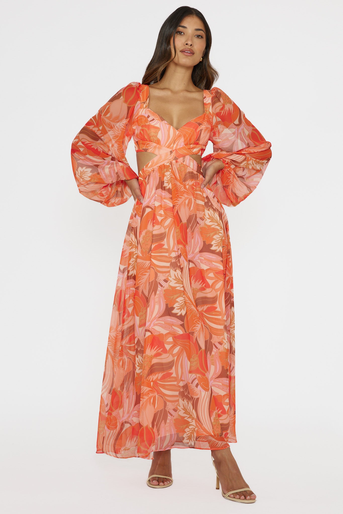 Maura Long Sleeve Lace-Up Back Dress Floral Orange by Selfie Leslie Australia