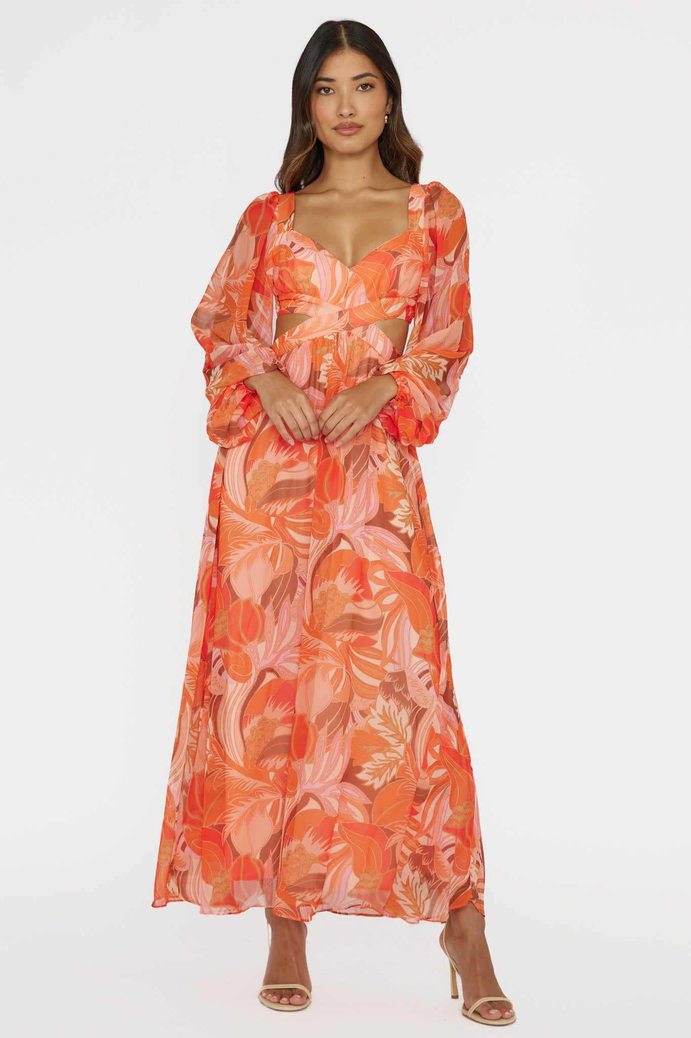 Maura Long Sleeve Lace-Up Back Dress Floral Orange by Selfie Leslie Australia