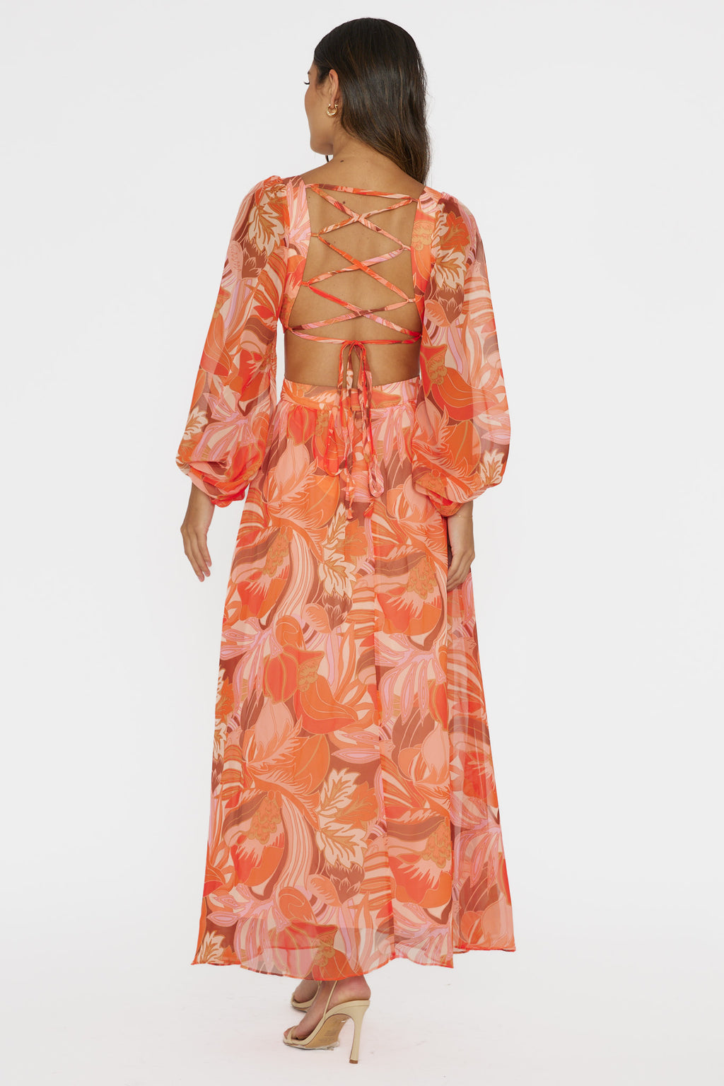 Maura Long Sleeve Lace-Up Back Dress Floral Orange by Selfie Leslie Australia