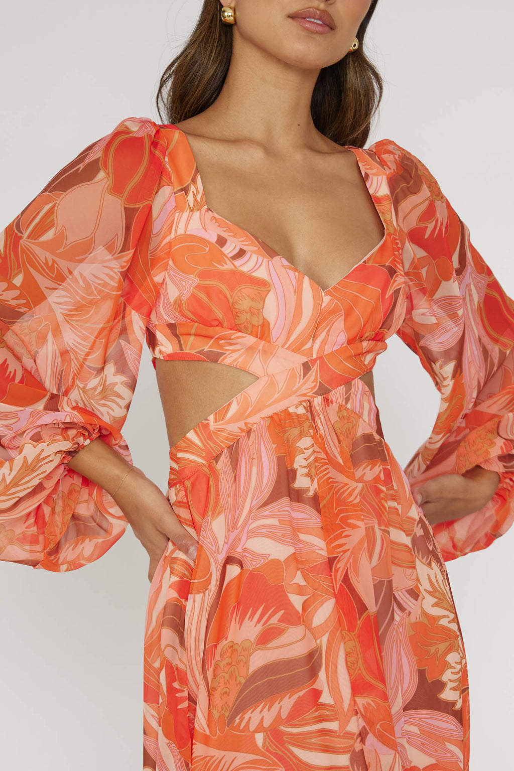 Maura Long Sleeve Lace-Up Back Dress Floral Orange by Selfie Leslie Australia