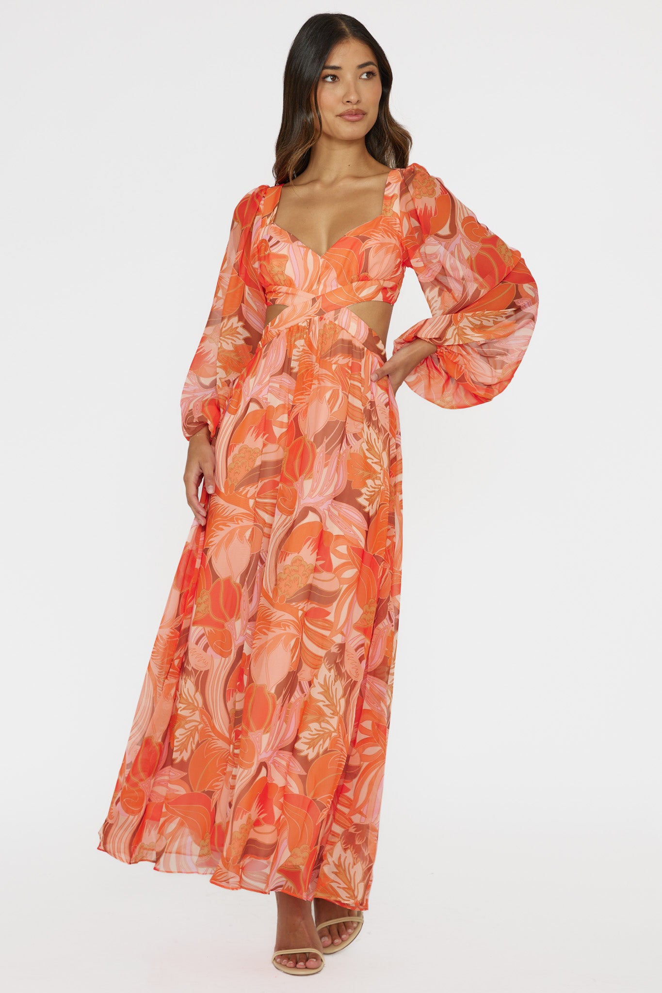 Maura Long Sleeve Lace-Up Back Dress Floral Orange by Selfie Leslie Australia