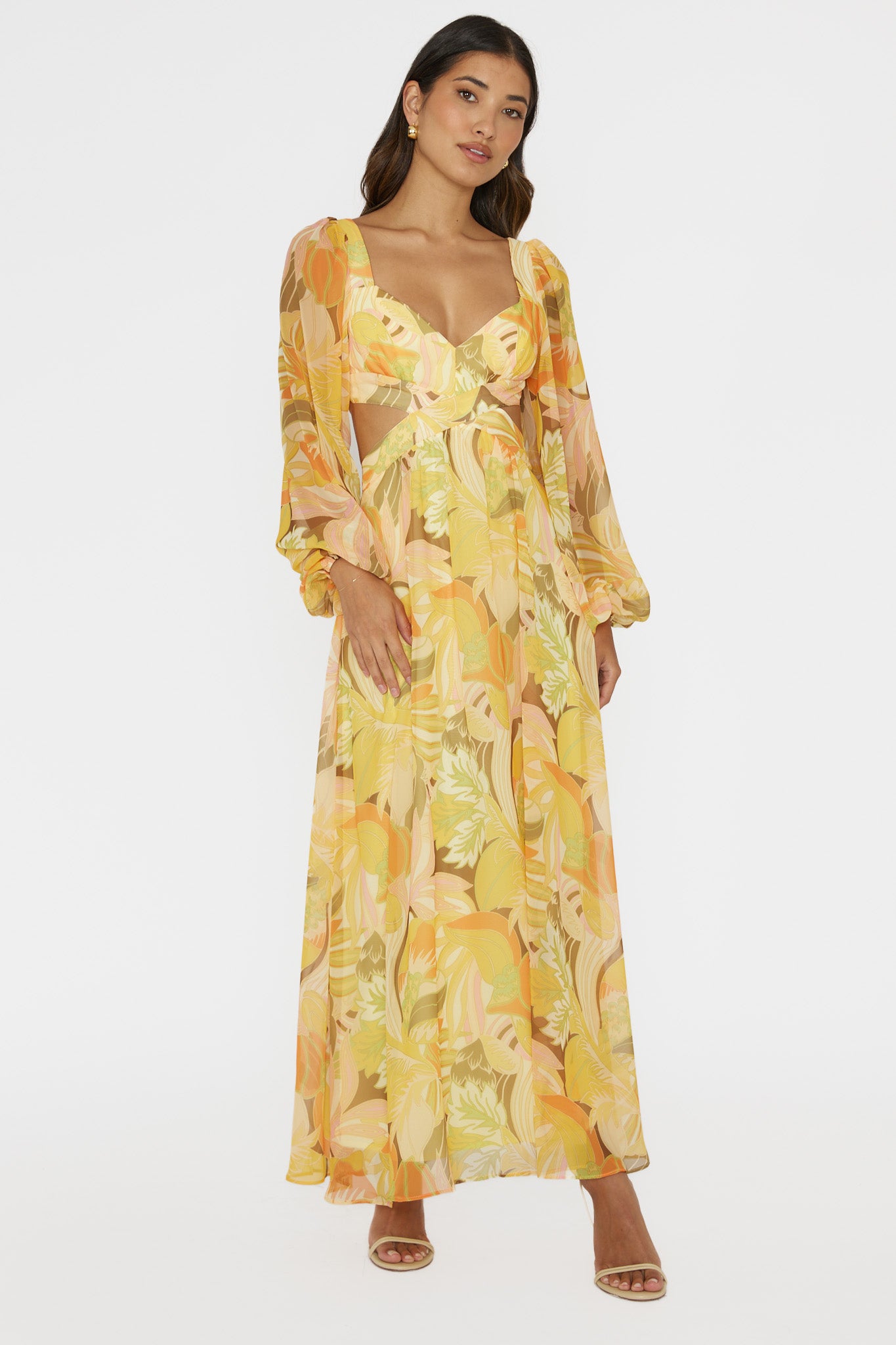 Shop the Maura Long Sleeve Lace-Up Back Dress Floral Yellow