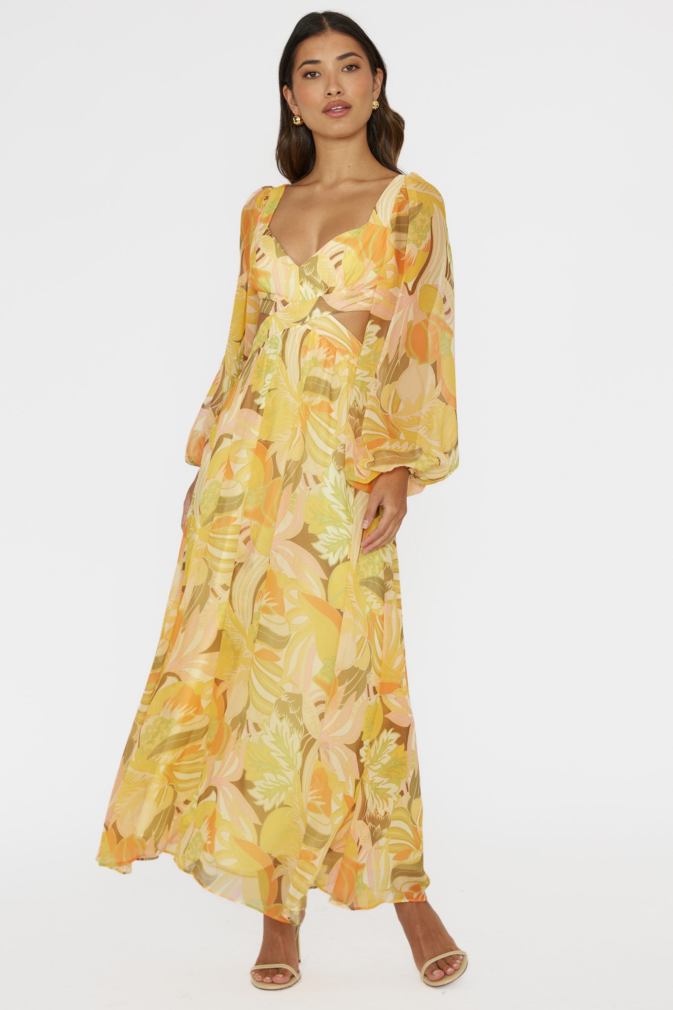 Maura Long Sleeve Lace-Up Back Dress Floral Yellow by Selfie Leslie Australia