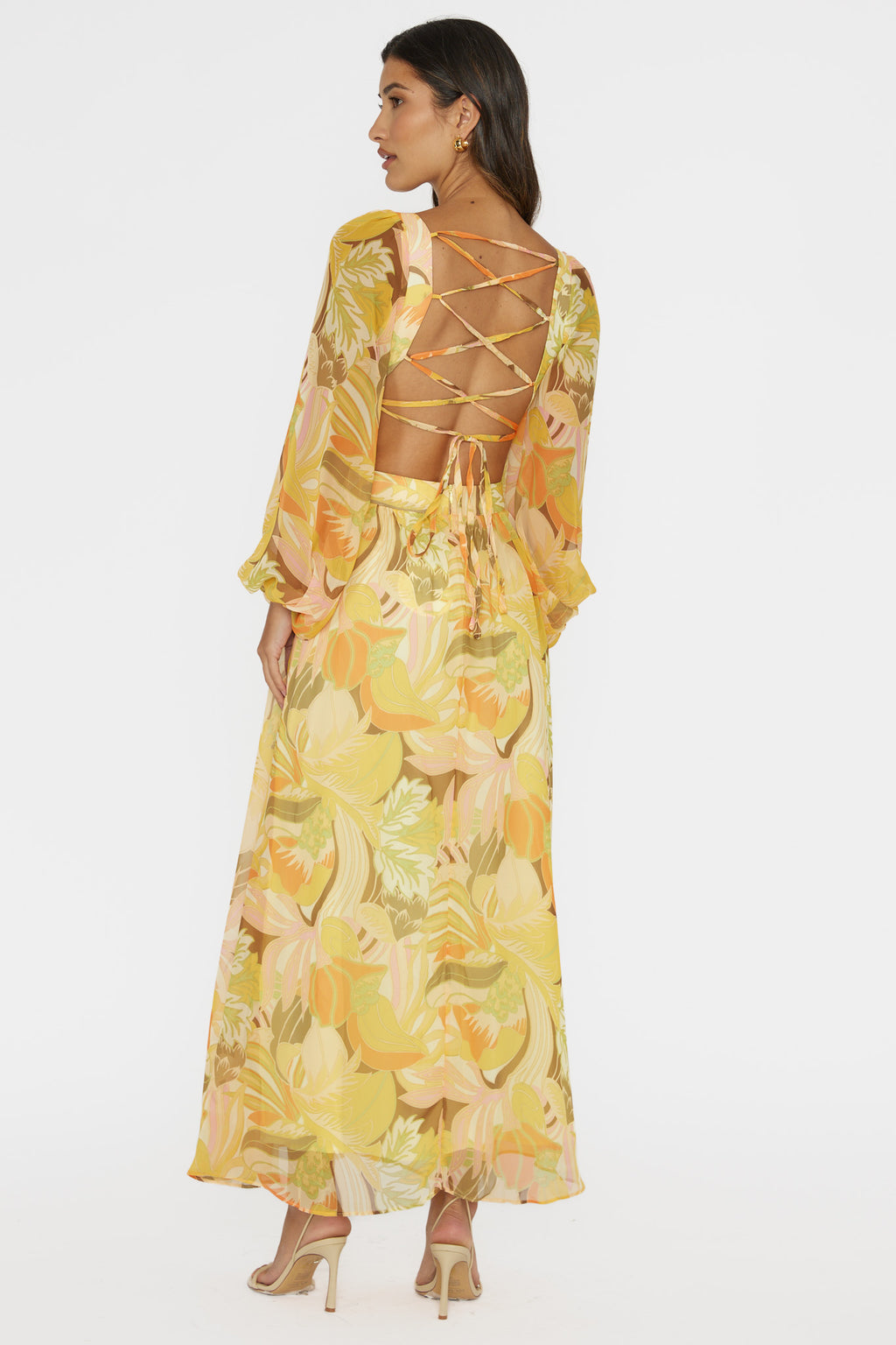 Maura Long Sleeve Lace-Up Back Dress Floral Yellow by Selfie Leslie Australia