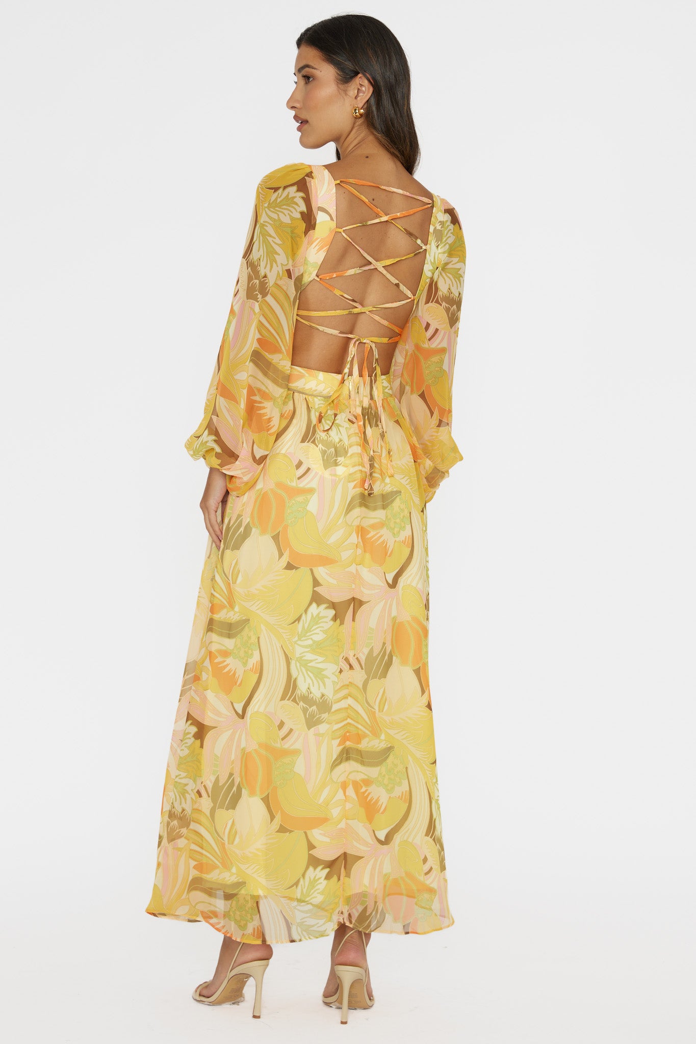 Maura Long Sleeve Lace-Up Back Dress Floral Yellow by Selfie Leslie Australia