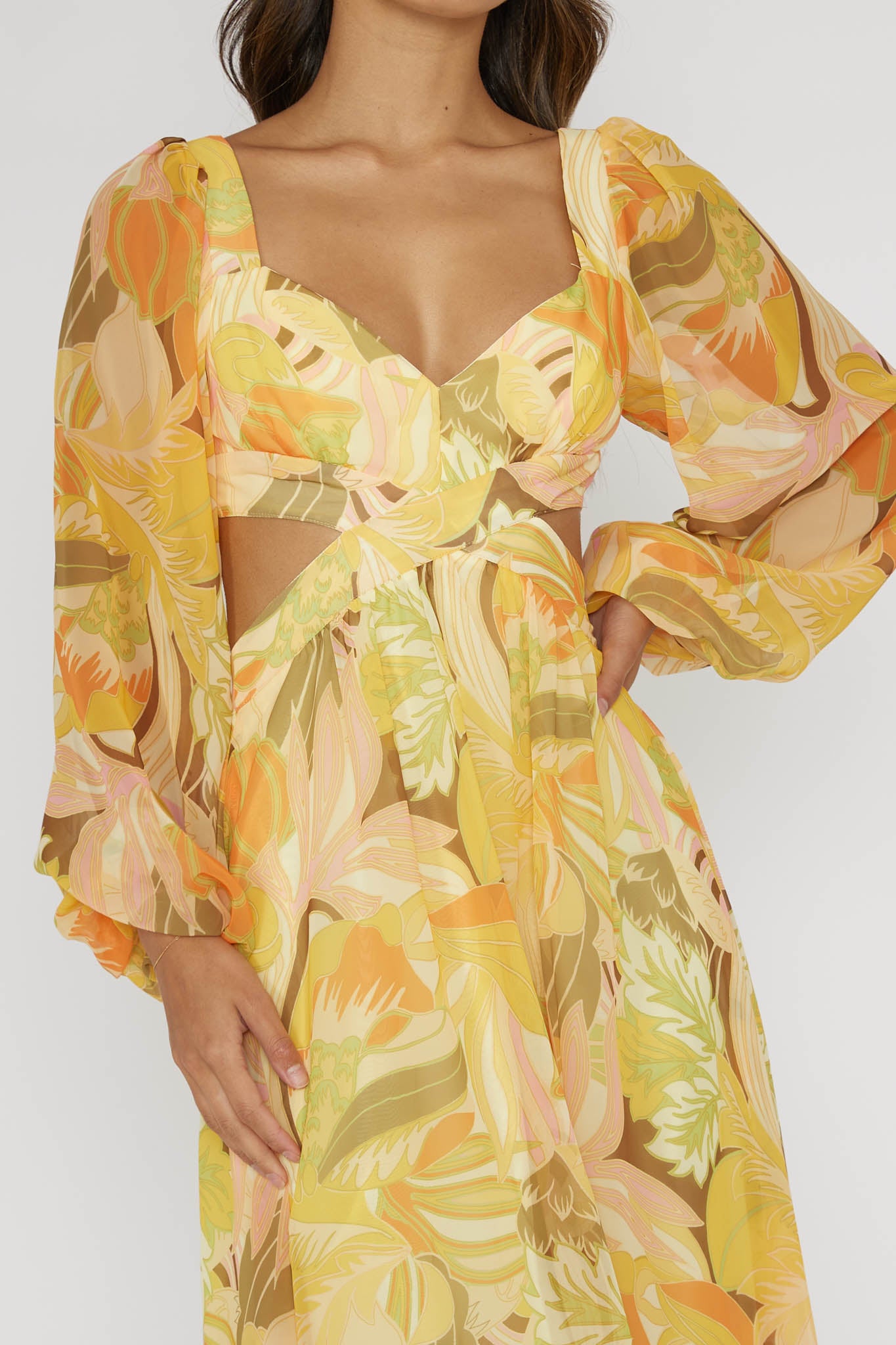 Maura Long Sleeve Lace-Up Back Dress Floral Yellow by Selfie Leslie Australia
