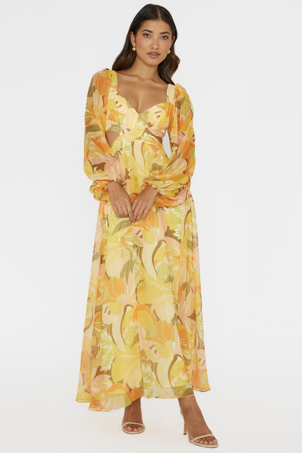 Maura Long Sleeve Lace-Up Back Dress Floral Yellow by Selfie Leslie Australia