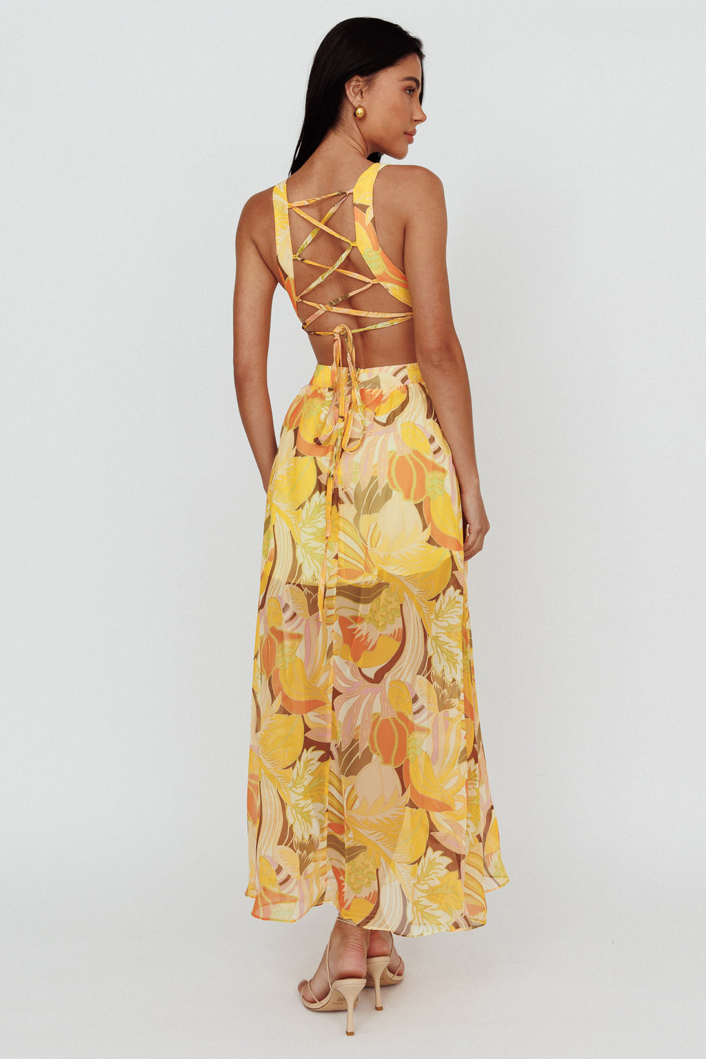 Maura Lace-Up Back Maxi Dress Floral Yellow by Selfie Leslie Australia