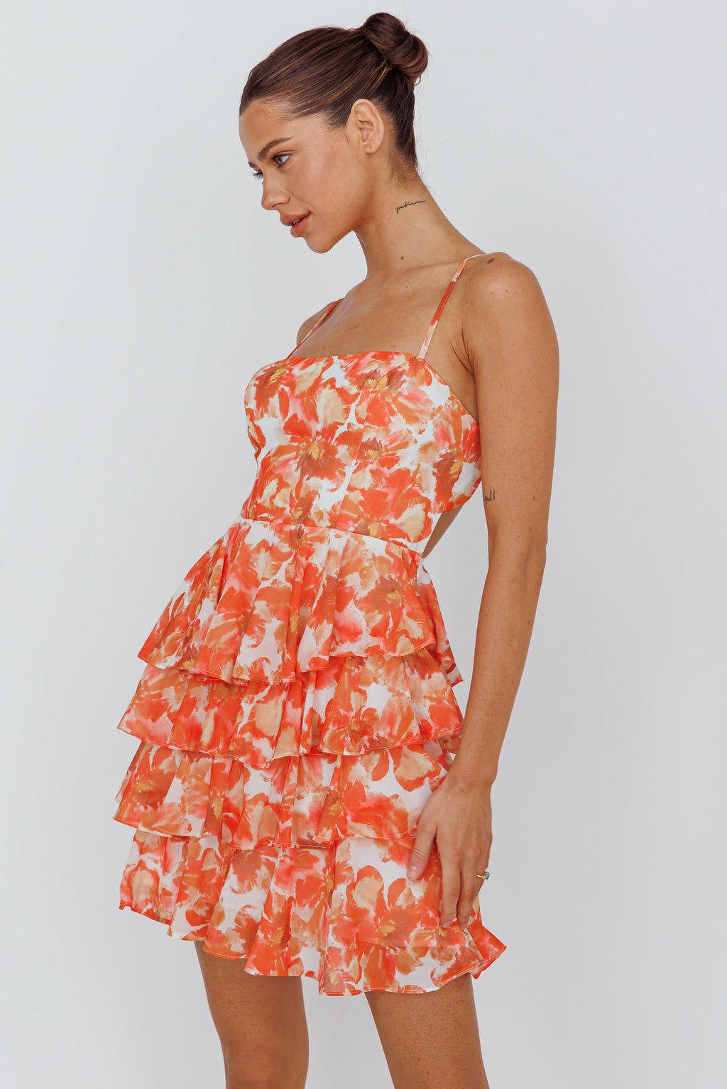 Lauran Tied Back Frill Dress Floral Orange by Selfie Leslie Australia