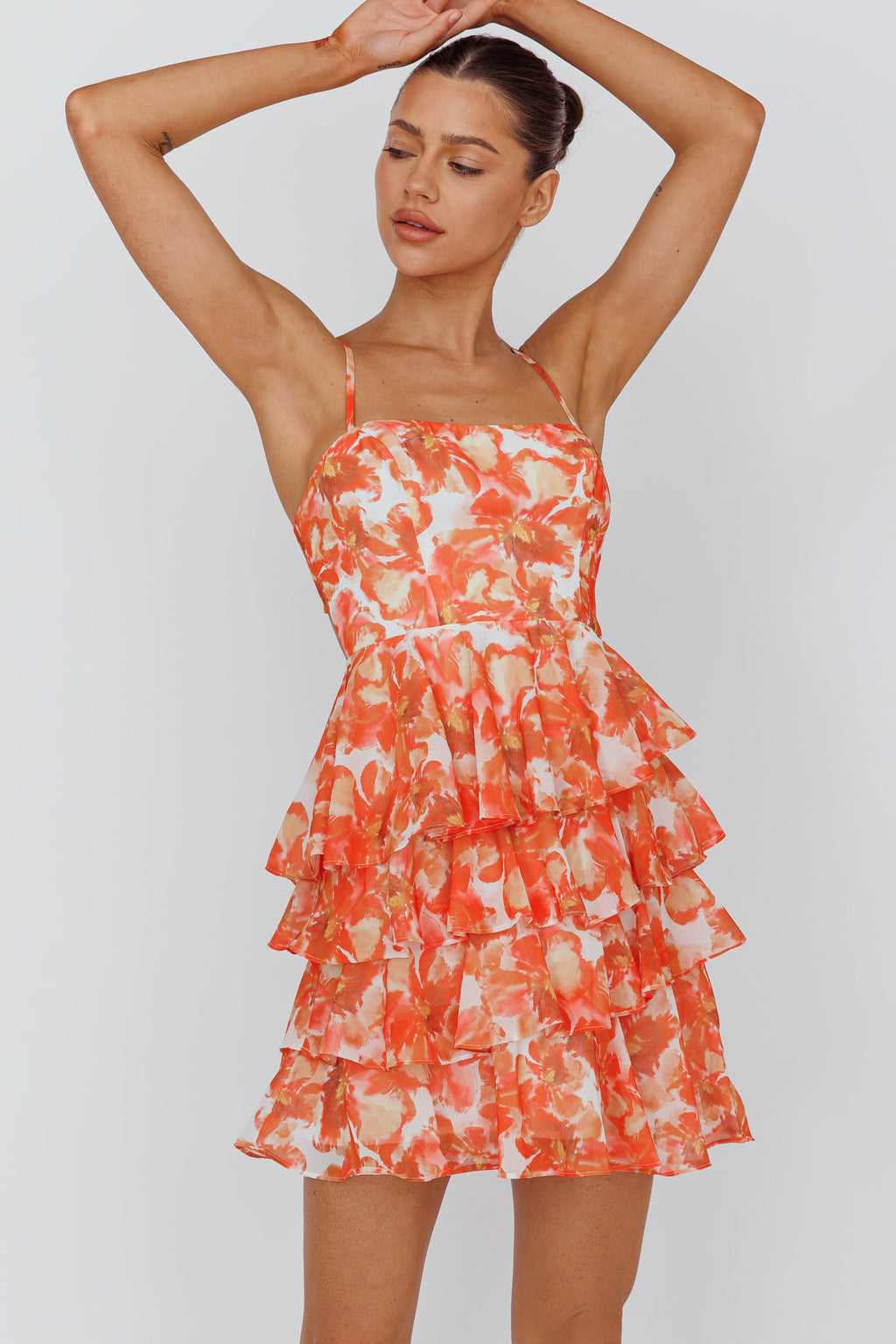 Lauran Tied Back Frill Dress Floral Orange by Selfie Leslie Australia