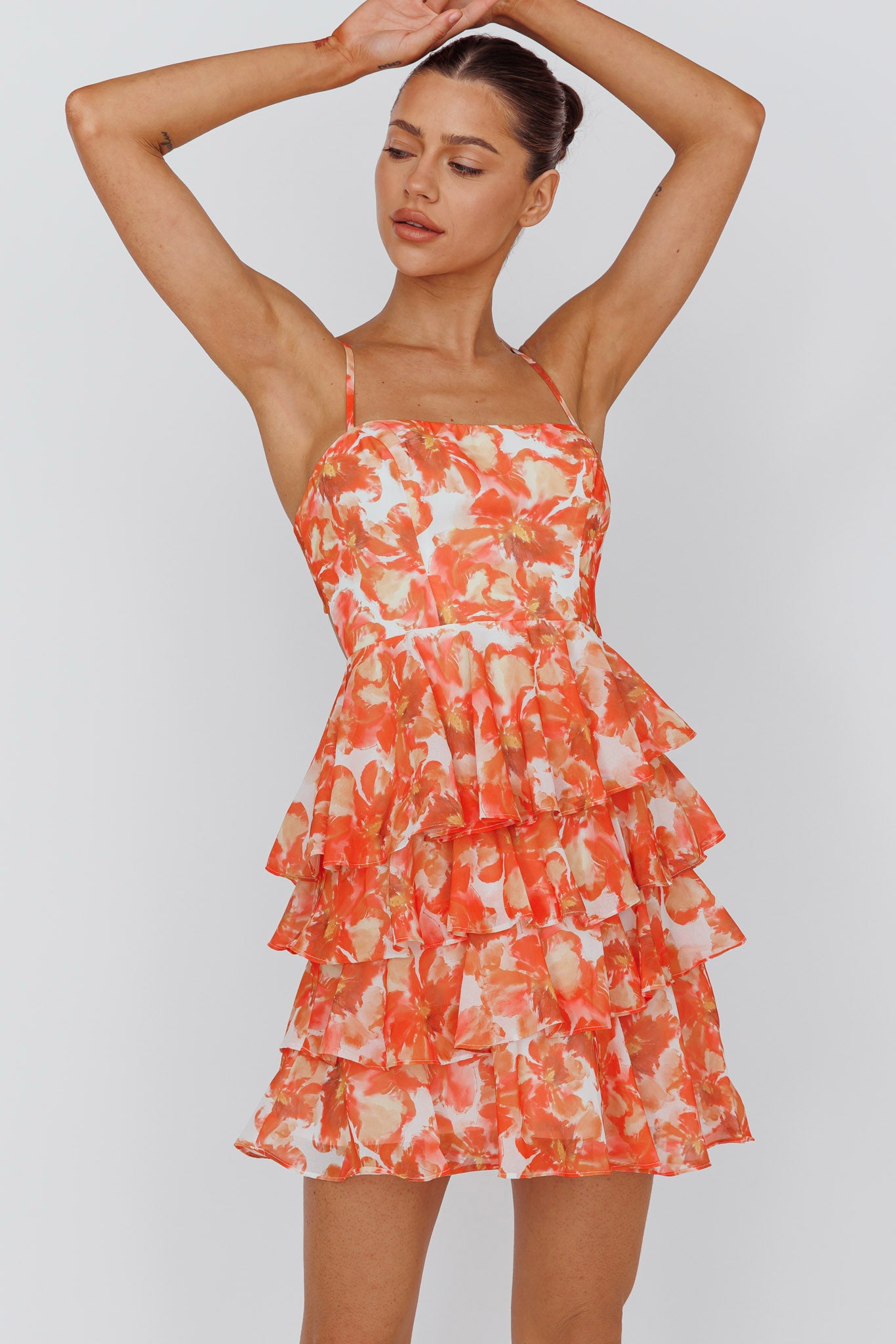 Lauran Tied Back Frill Dress Floral Orange by Selfie Leslie Australia