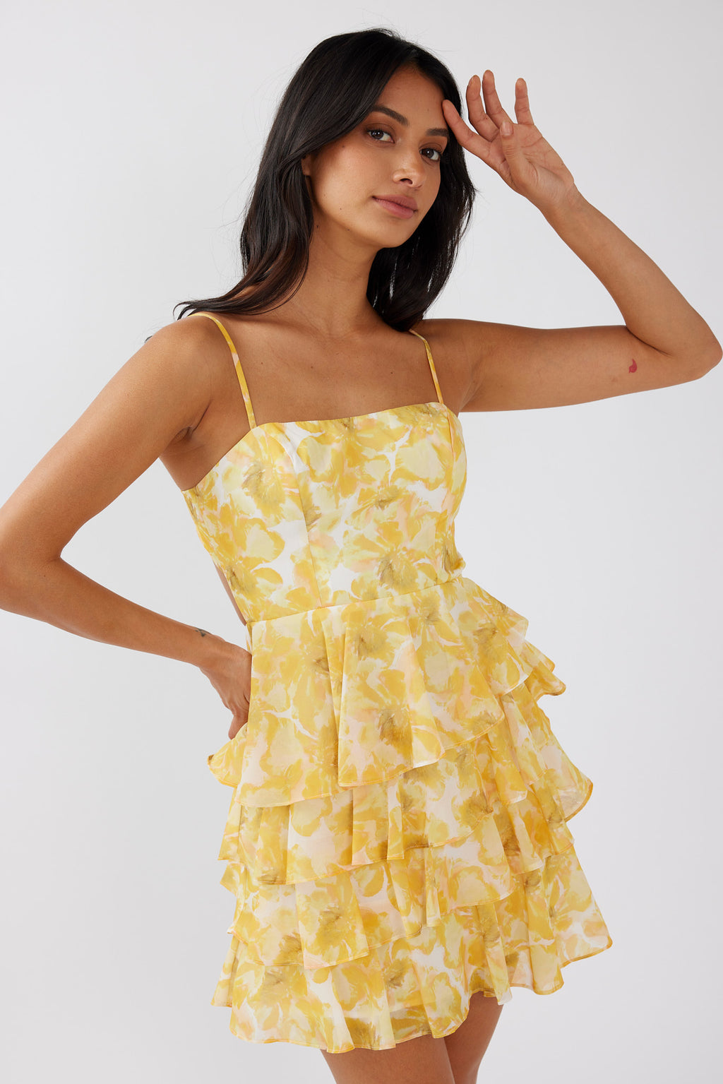 Lauran Tied Back Frill Dress Floral Yellow by Selfie Leslie Australia